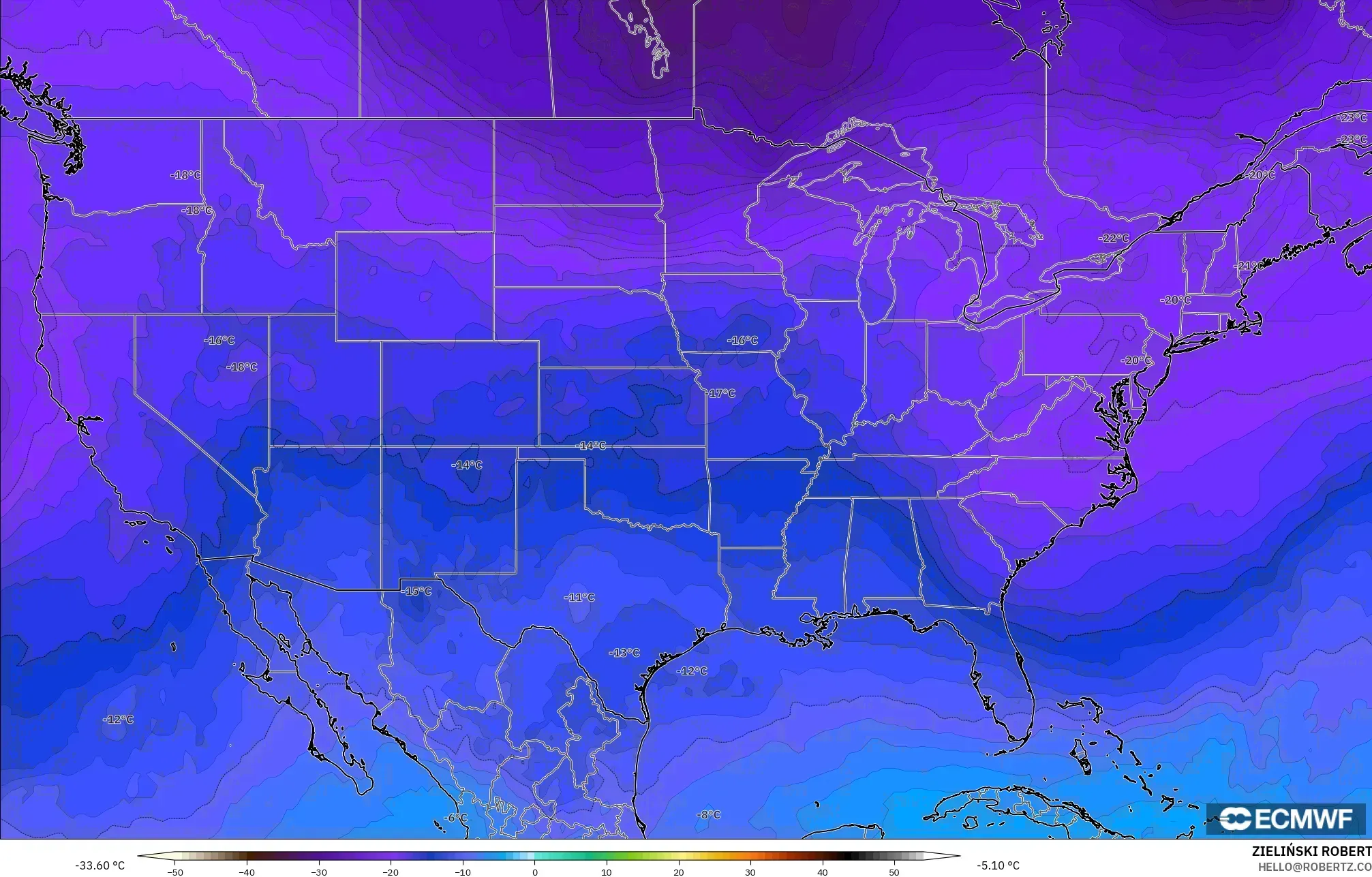 ECMWF IFS 0.25° model - United States, Temperature at 500hPa