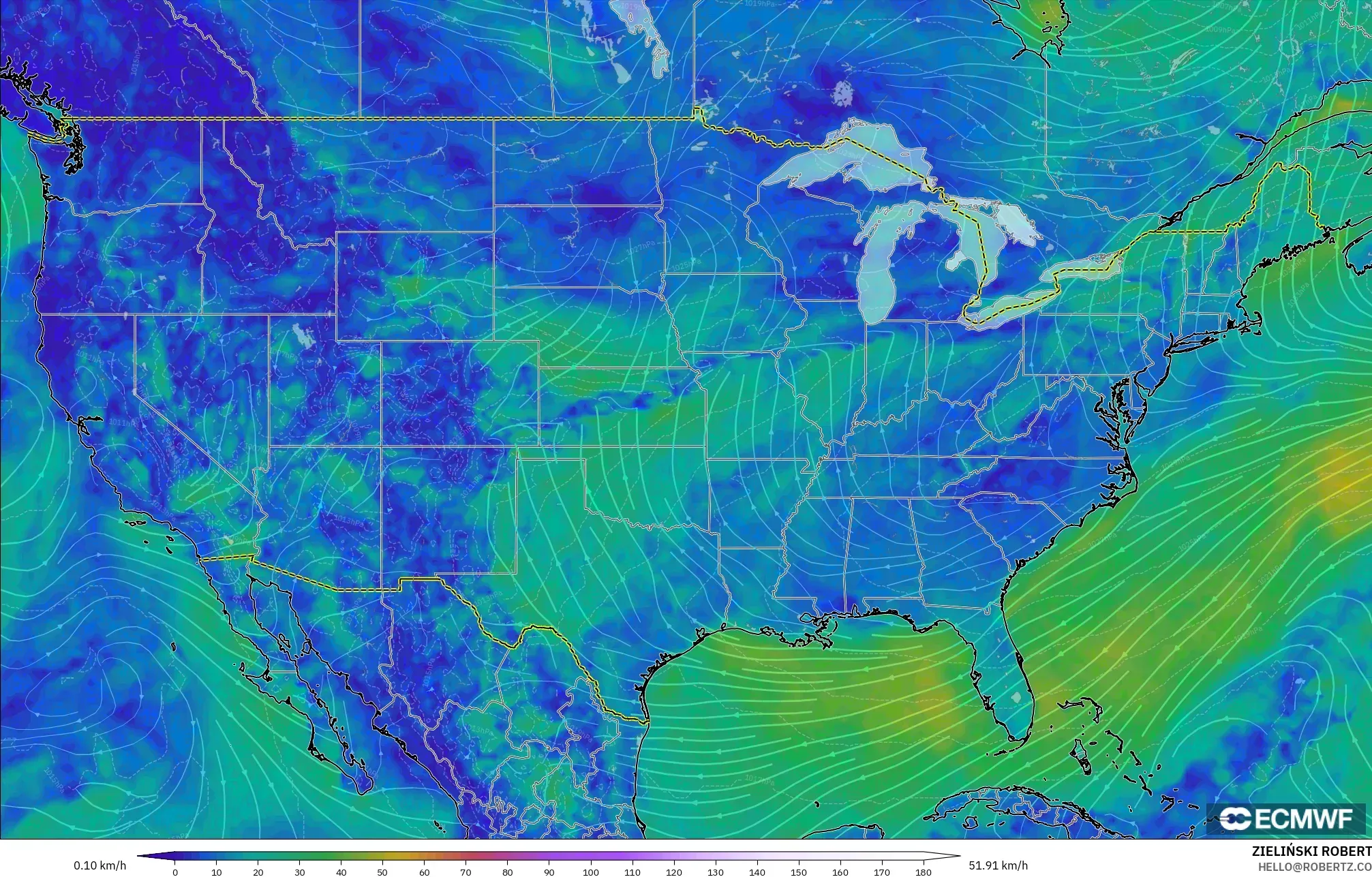 ECMWF IFS 0.25° model - United States, Wind at 10m