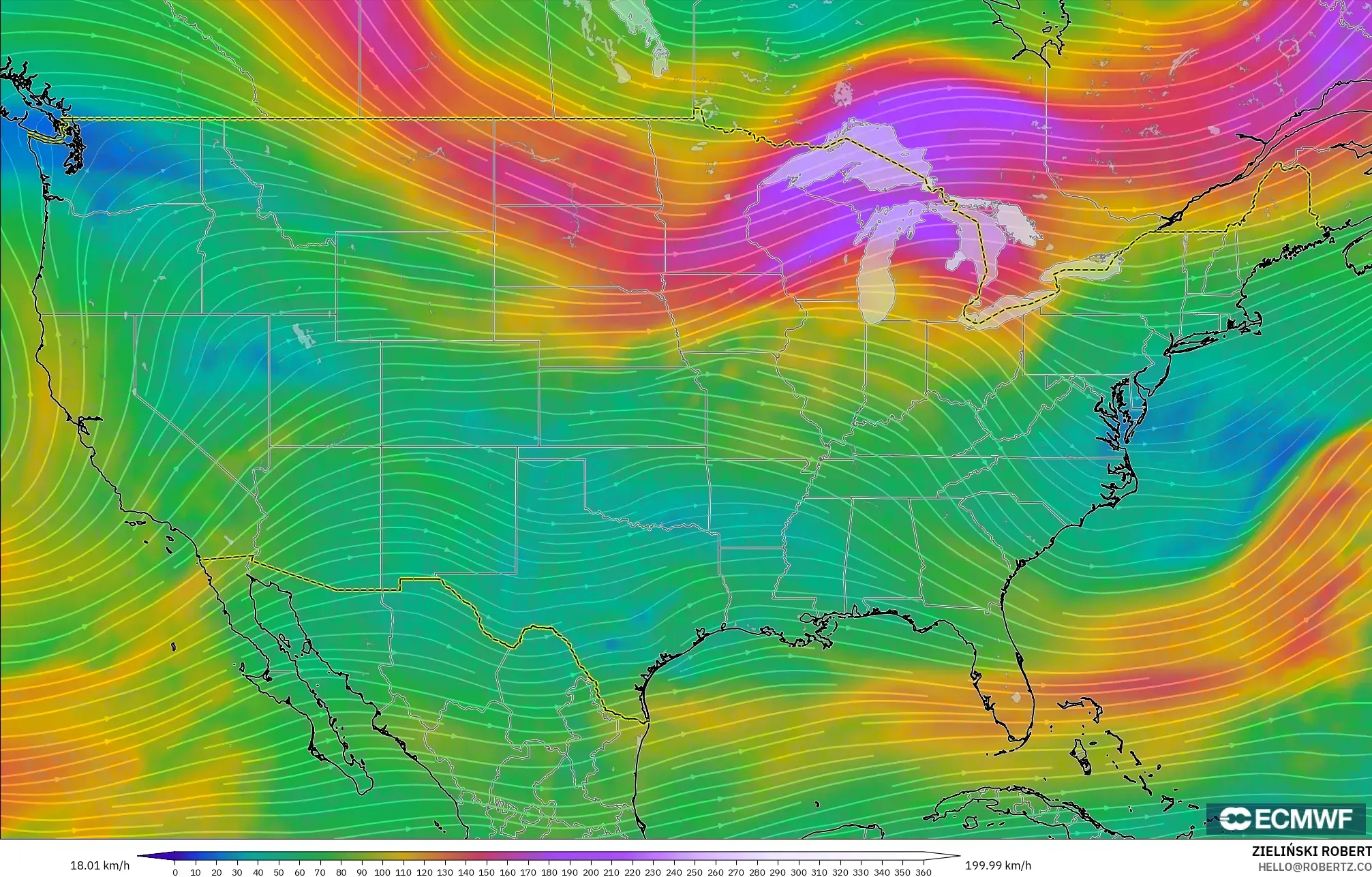 ECMWF IFS 0.25° model - United States, Wind at 300hPa (jet stream)