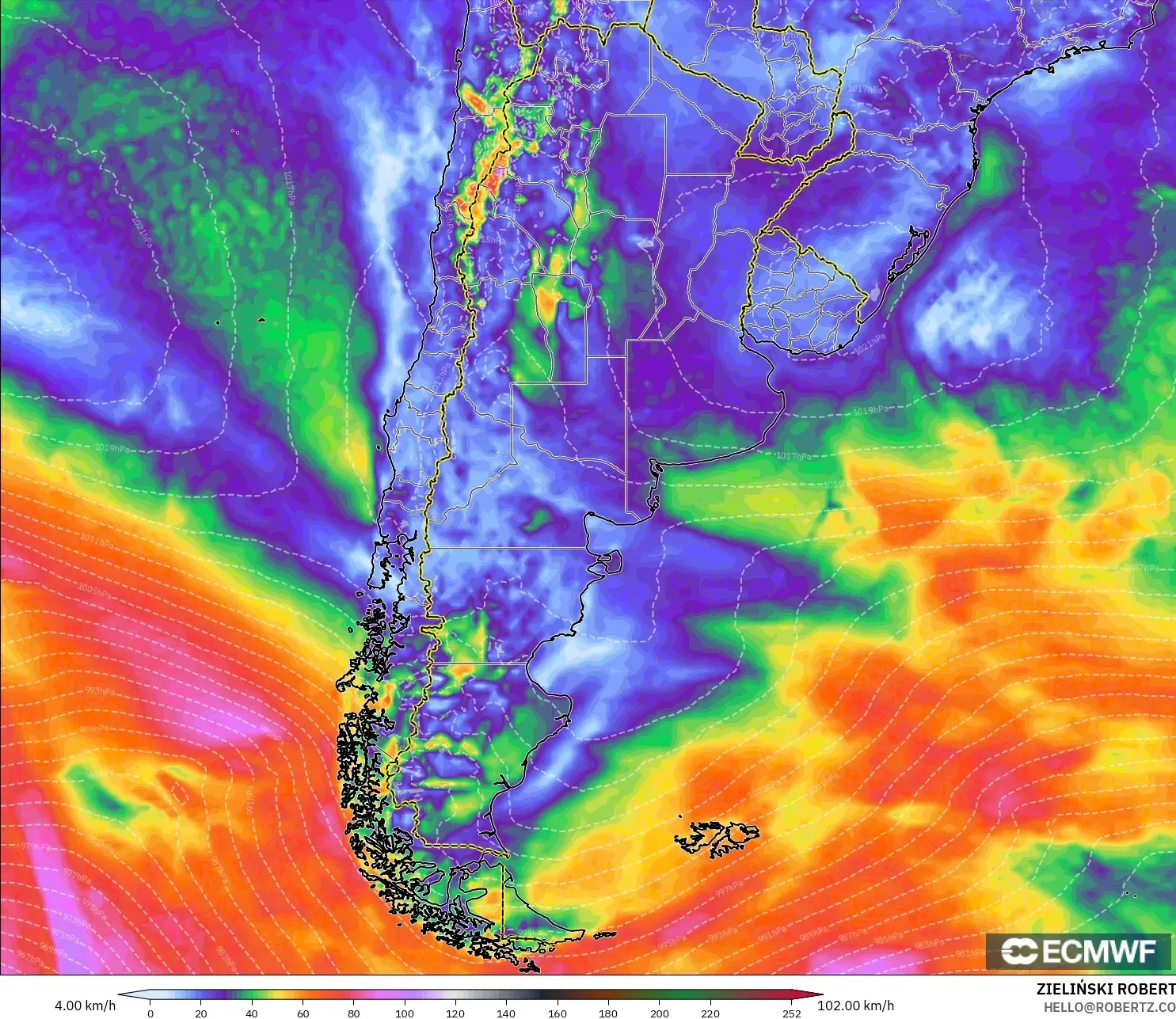 ECMWF IFS 0.25° model - Argentina, Wind Gusts Peak