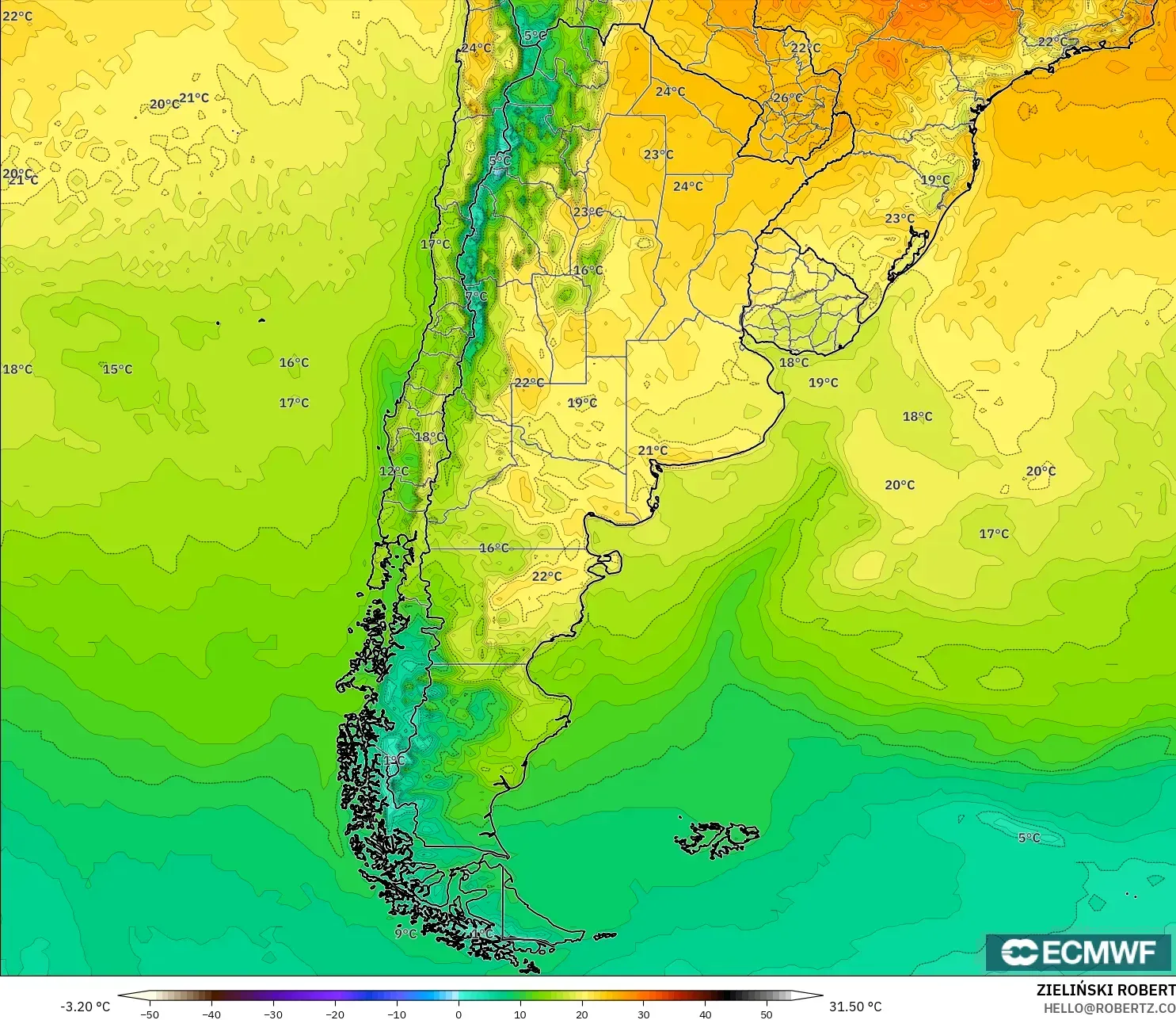 ECMWF IFS 0.25° model - Argentina, Temperature at 2m