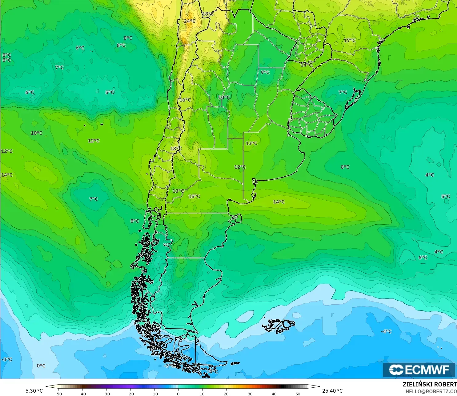 ECMWF IFS 0.25° model - Argentina, Temperature at 850hPa