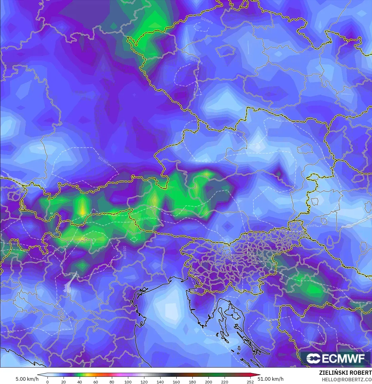 ECMWF IFS 0.25° model - Austria, Wind Gusts