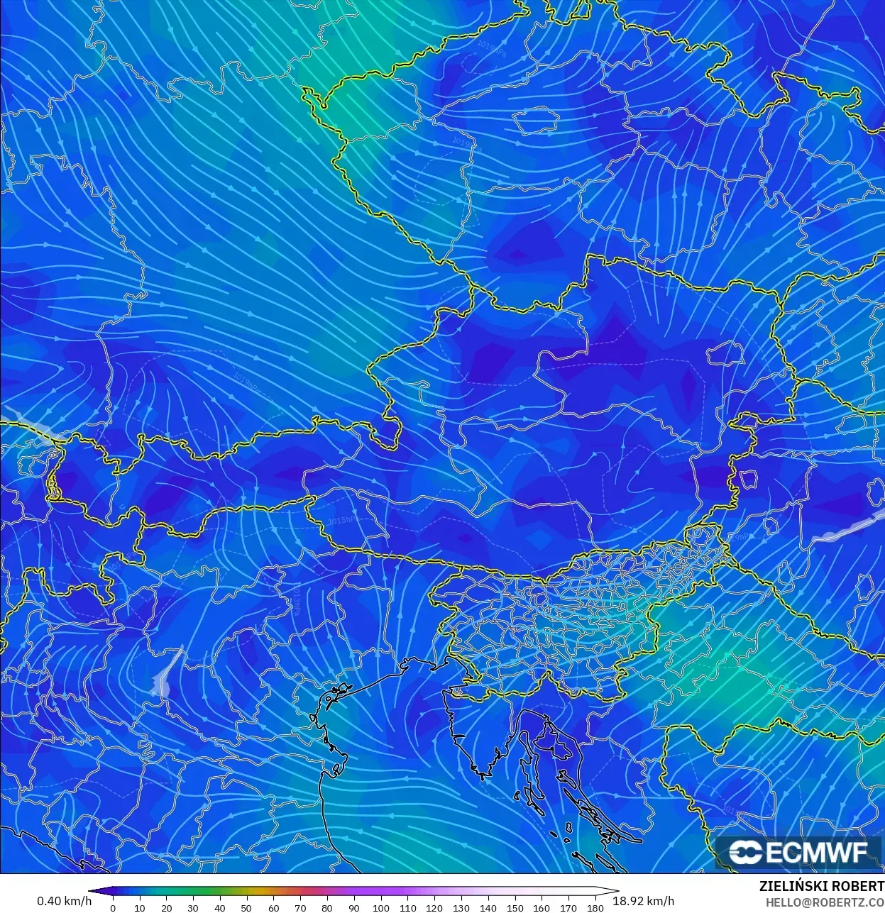 ECMWF IFS 0.25° model - Austria, Wind at 10m