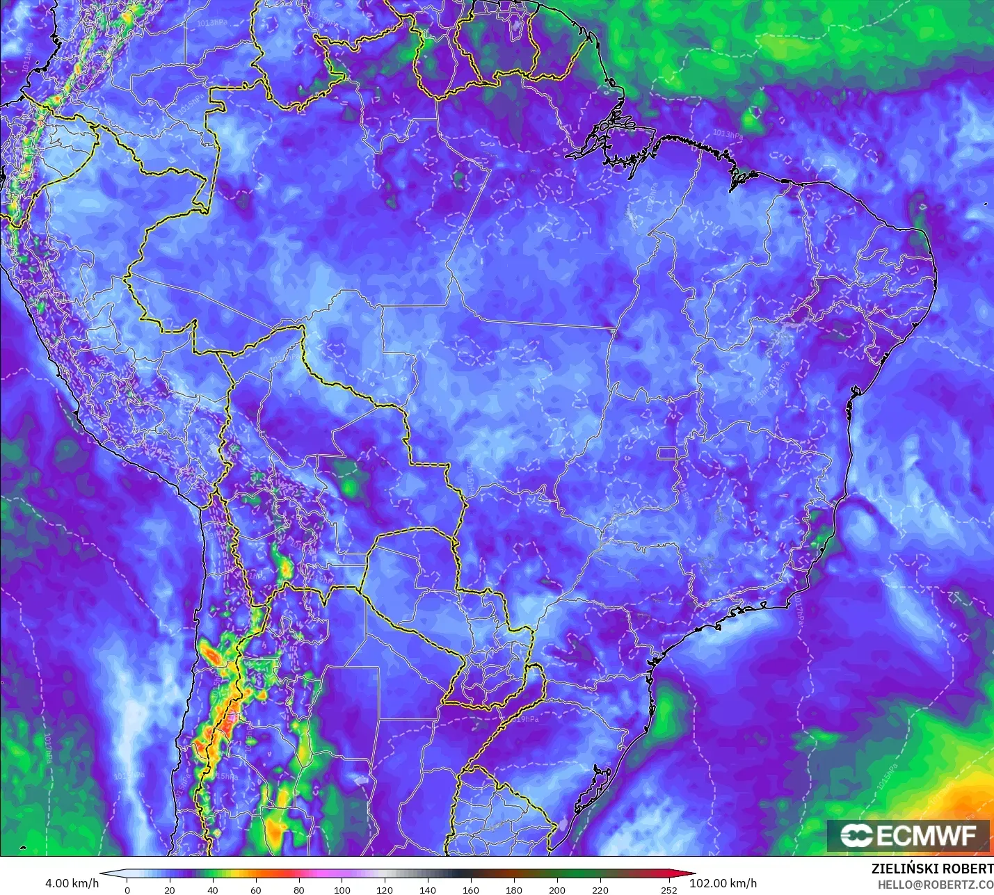 ECMWF IFS 0.25° model - Brazil, Wind Gusts Peak