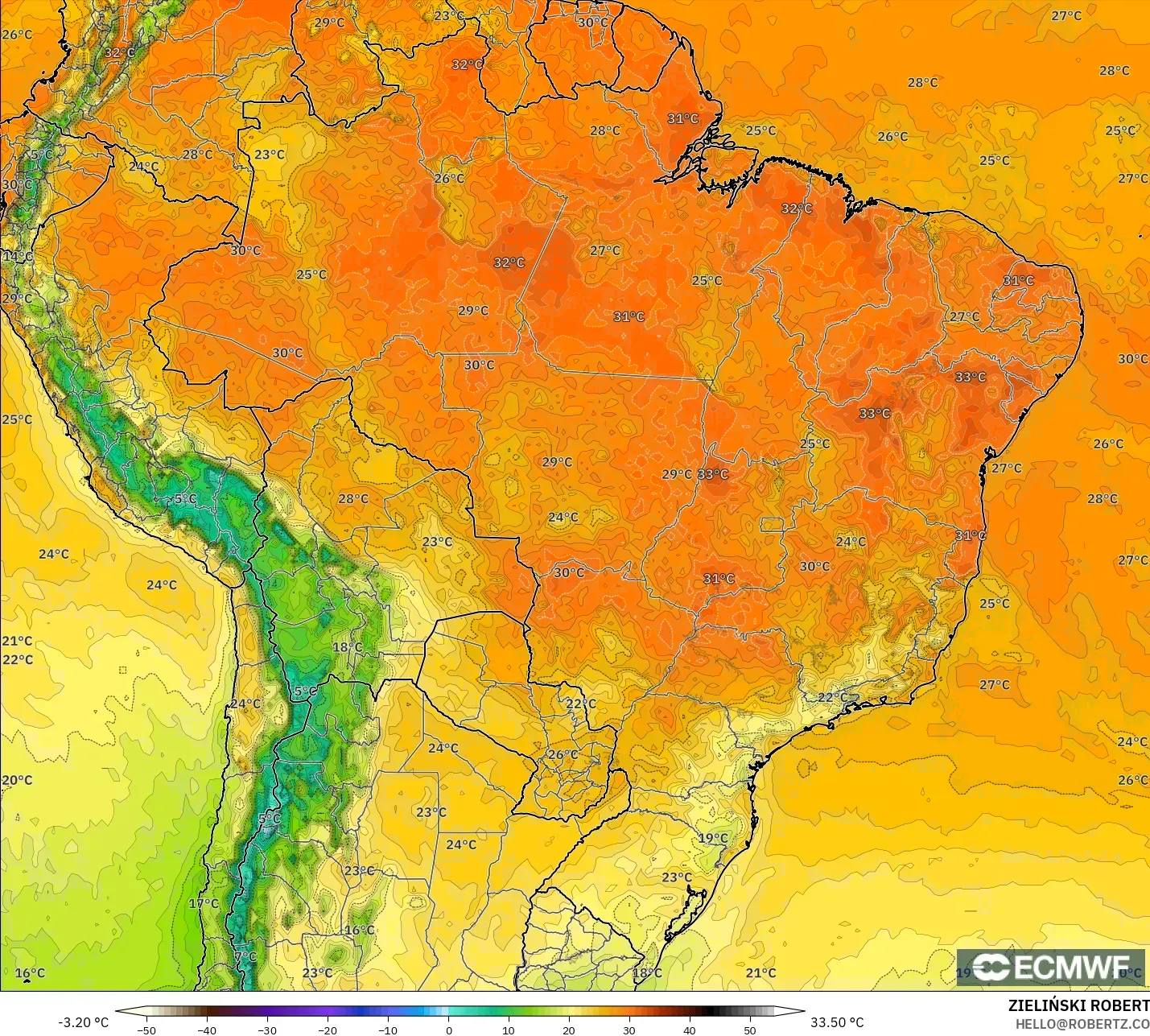 ECMWF IFS 0.25° model - Brazil, Temperature at 2m