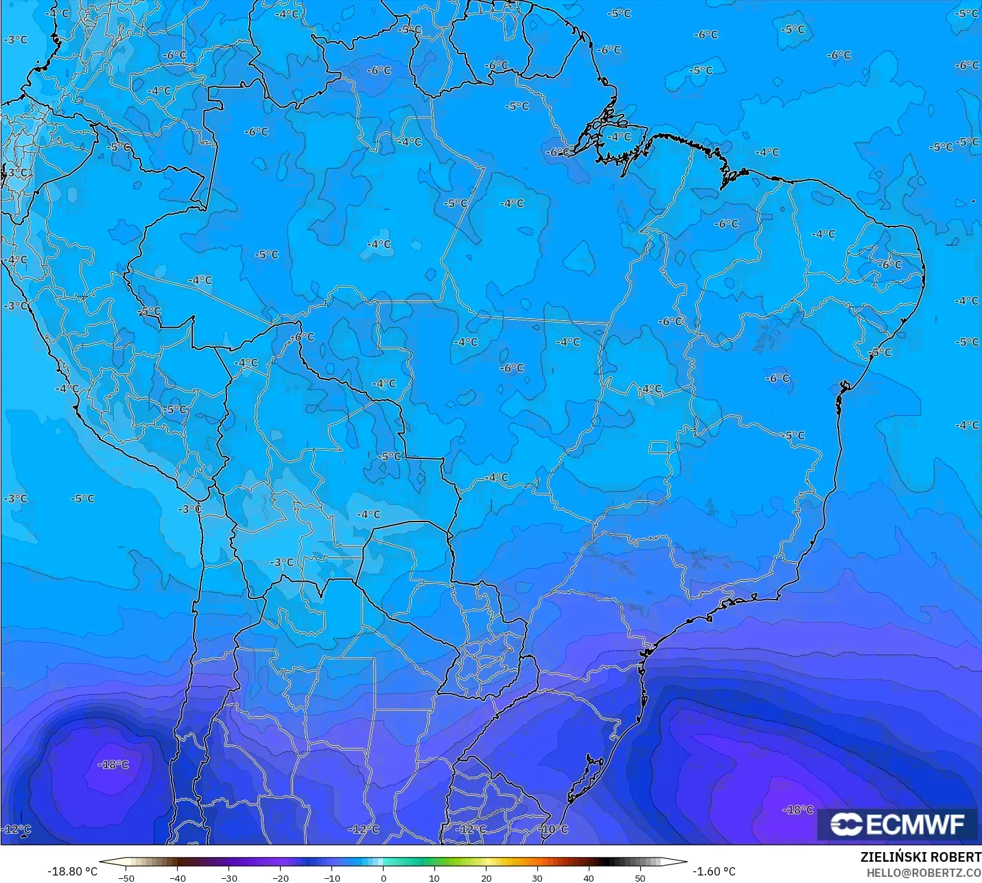 ECMWF IFS 0.25° model - Brazil, Temperature at 500hPa