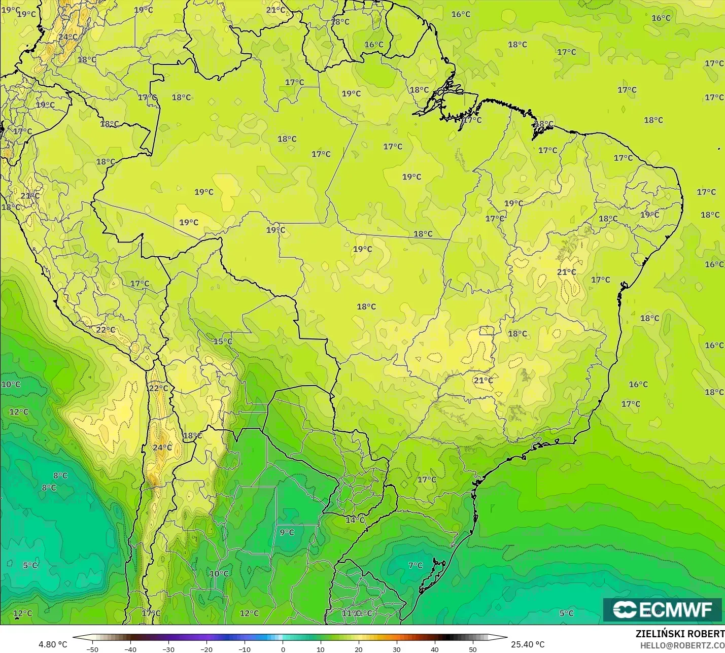 ECMWF IFS 0.25° model - Brazil, Temperature at 850hPa