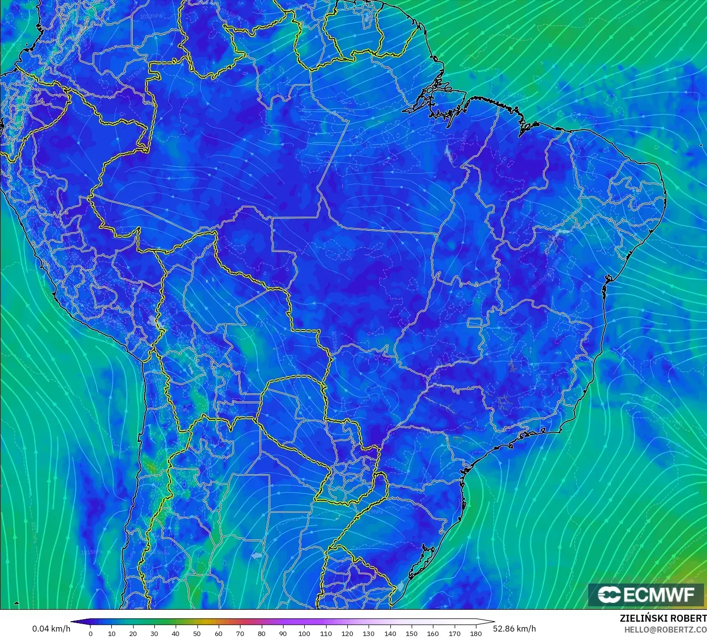 ECMWF IFS 0.25° model - Brazil, Wind at 10m