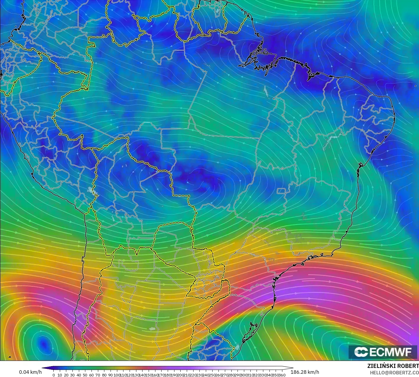 ECMWF IFS 0.25° model - Brazil, Wind at 300hPa (jet stream)