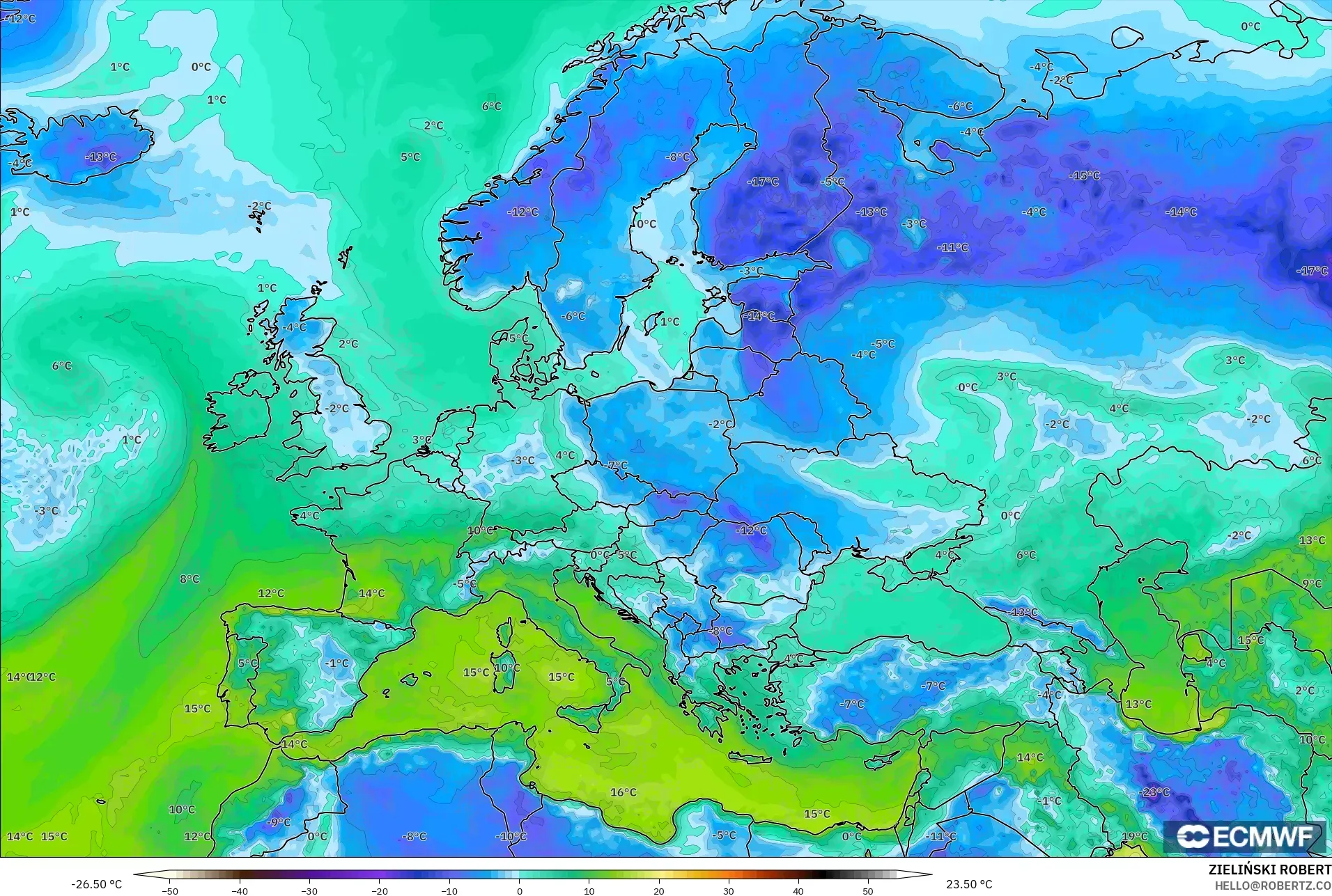 ECMWF IFS 0.25° model - Europe, Dewpoint at 2m