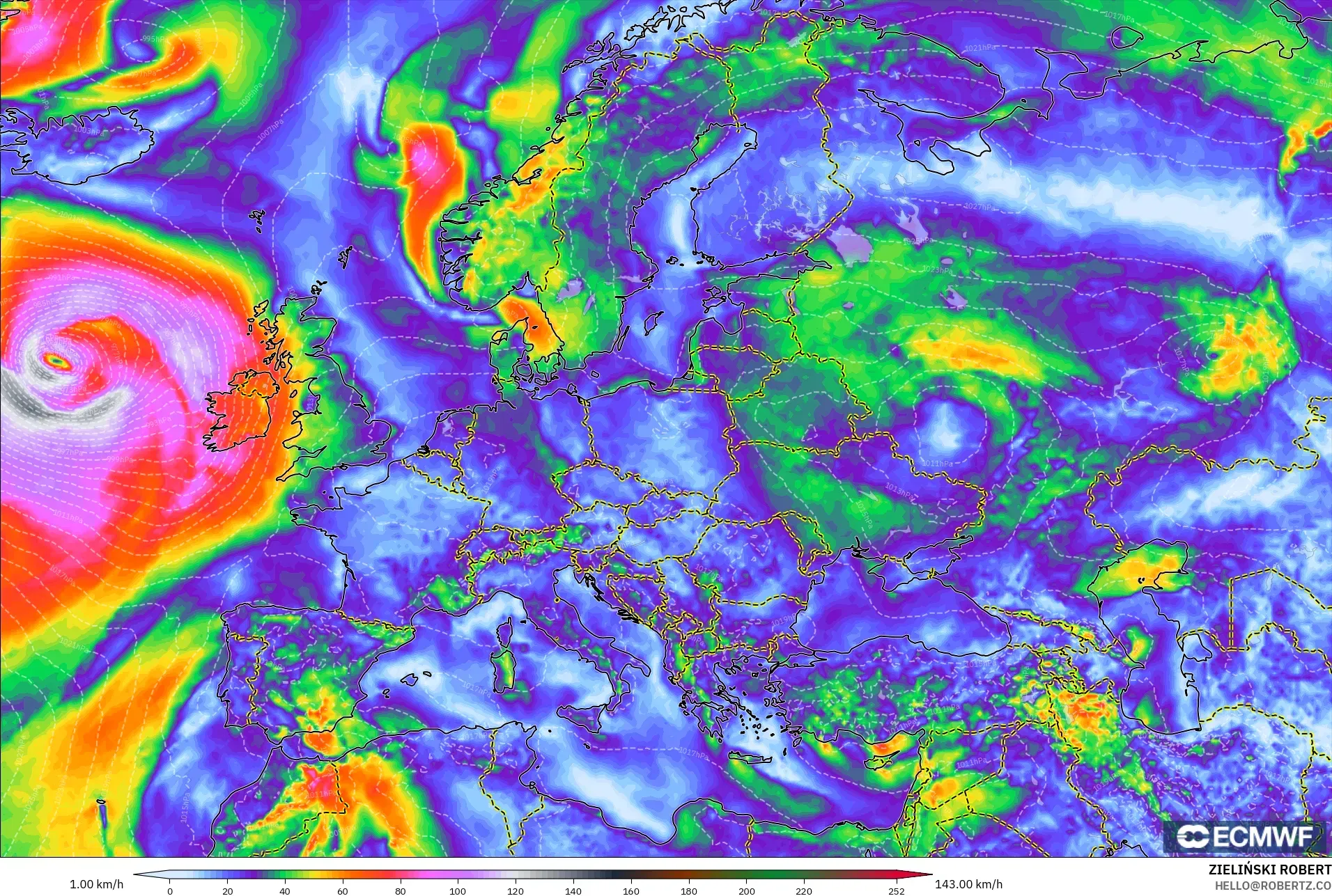 ECMWF IFS 0.25° model - Europe, Wind Gusts