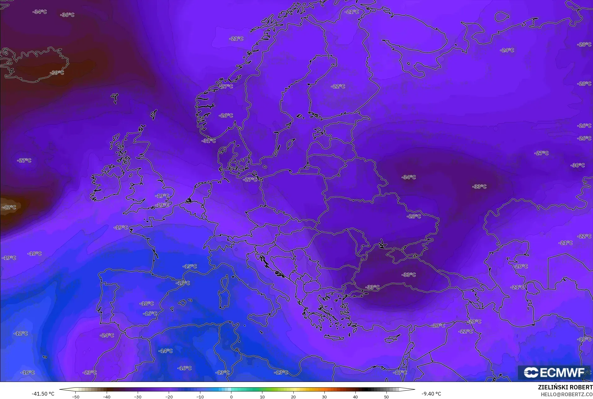 ECMWF IFS 0.25° model - Europe, Temperature at 500hPa