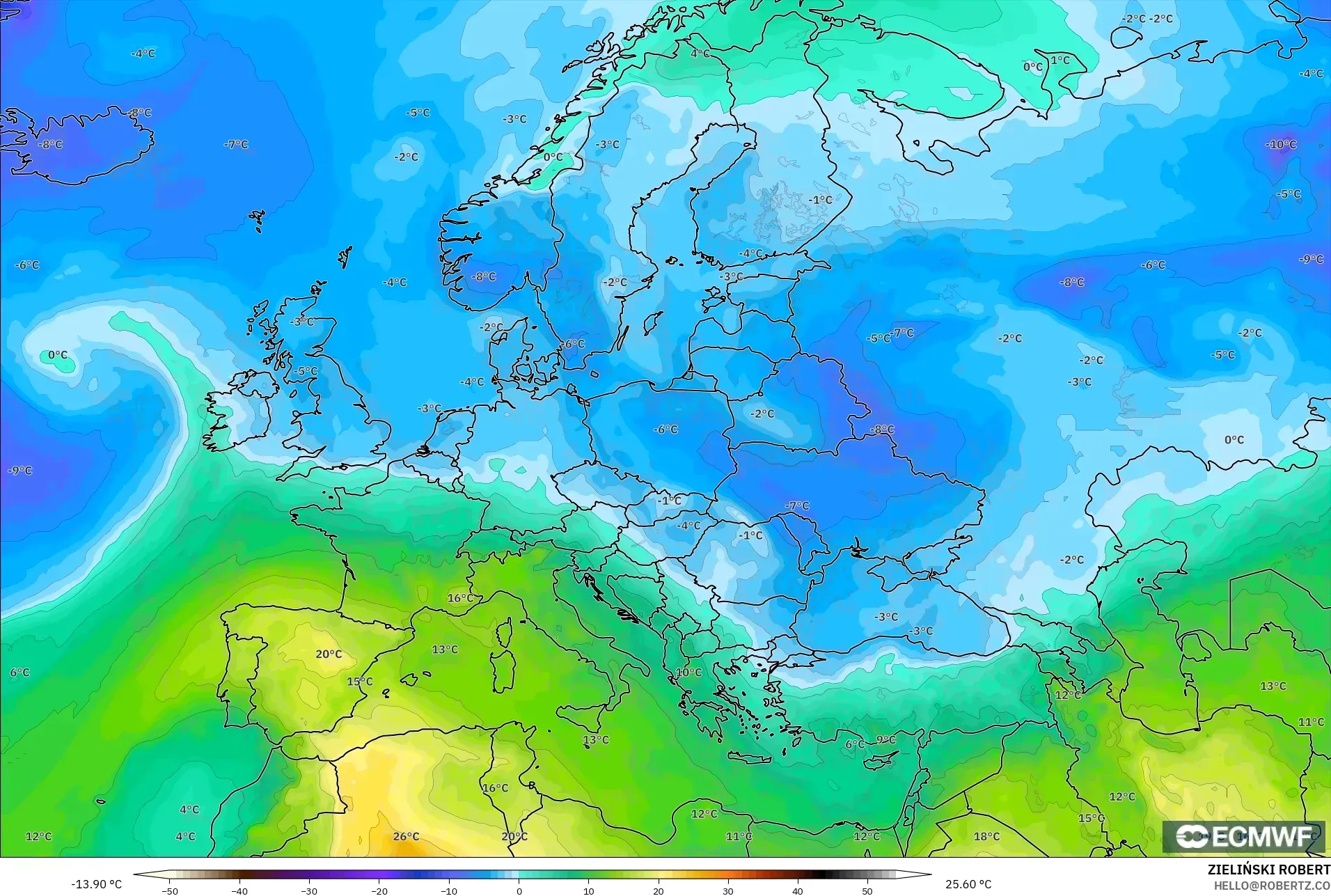 ECMWF IFS 0.25° model - Europe, Temperature at 850hPa