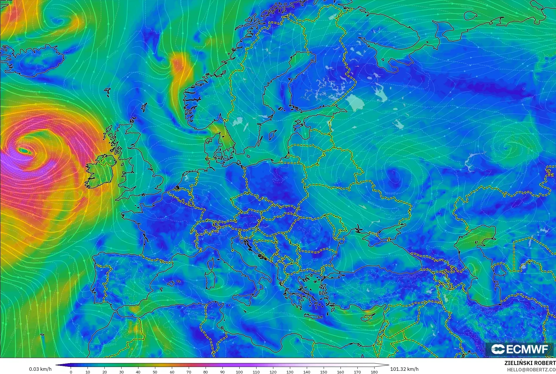ECMWF IFS 0.25° model - Europe, Wind at 10m