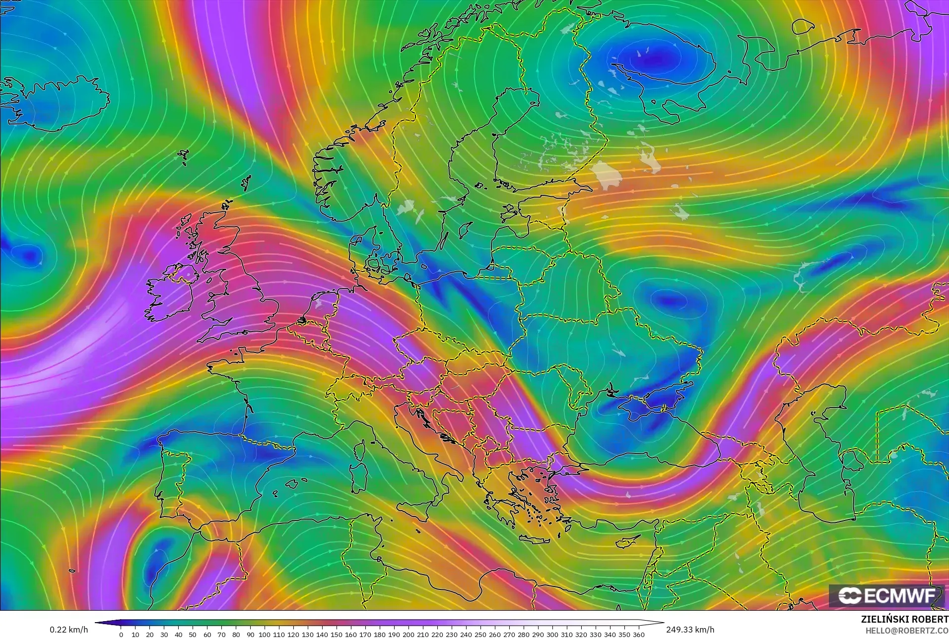 ECMWF IFS 0.25° model - Europe, Wind at 300hPa (jet stream)