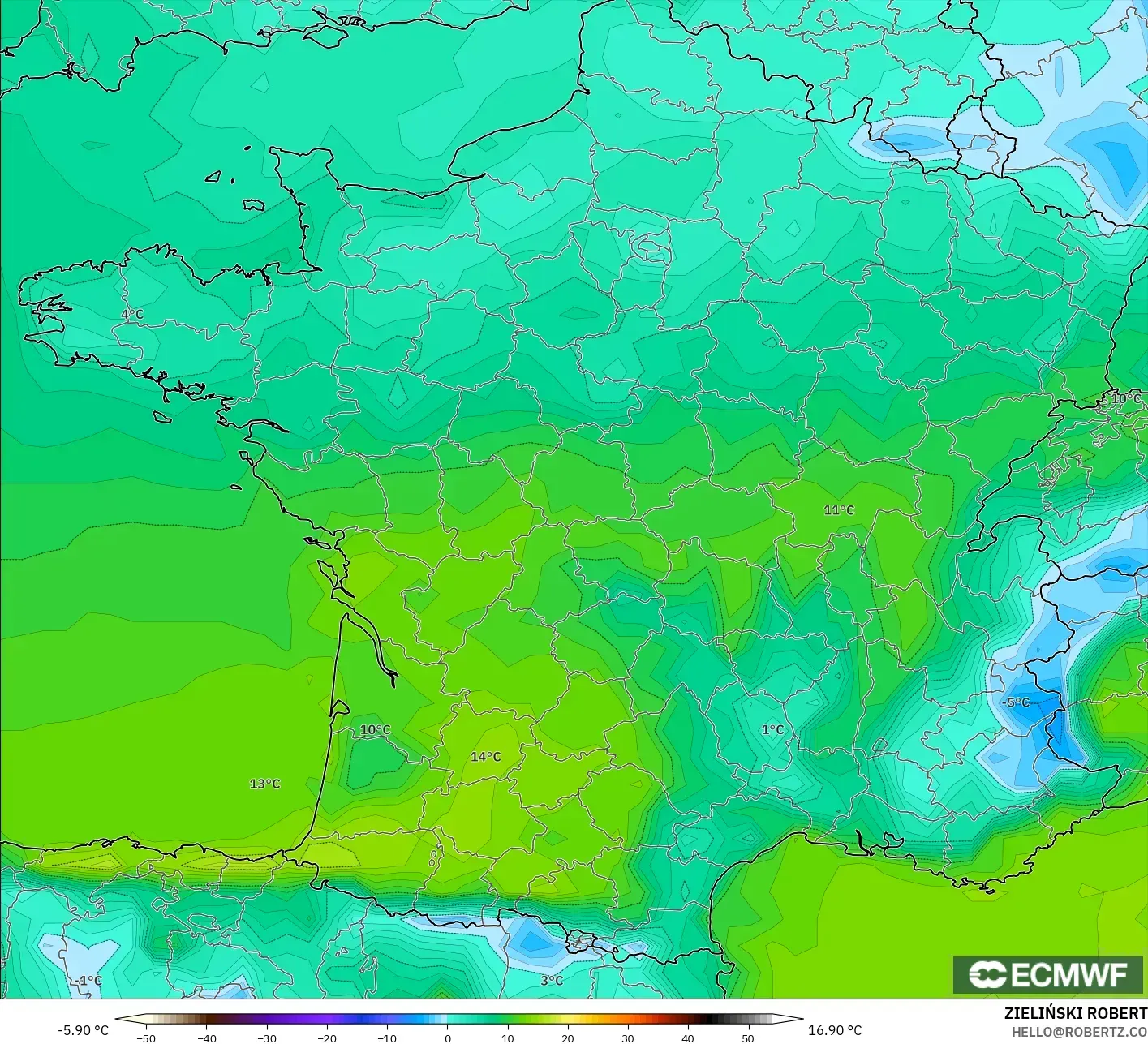 ECMWF IFS 0.25° model - France, Dewpoint at 2m