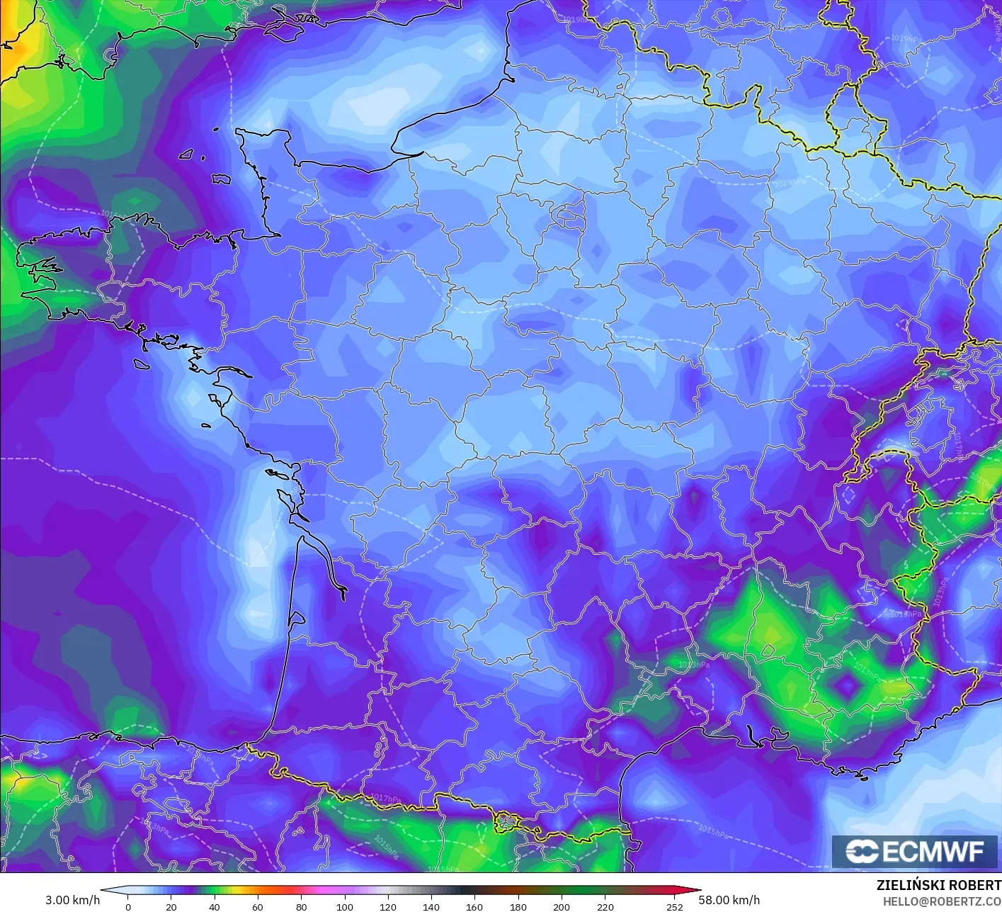 ECMWF IFS 0.25° model - France, Wind Gusts