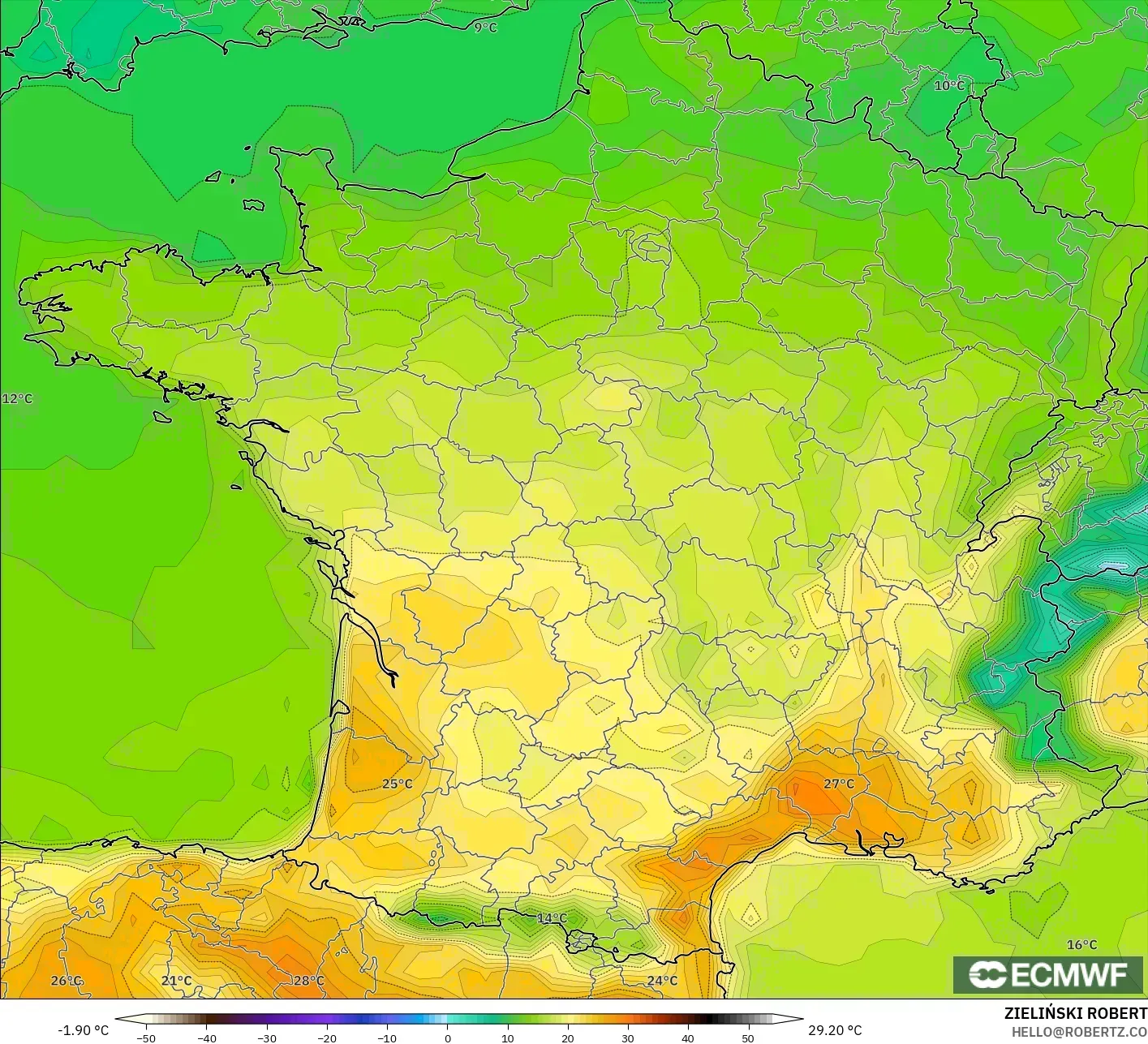ECMWF IFS 0.25° model - France, Temperature at 2m