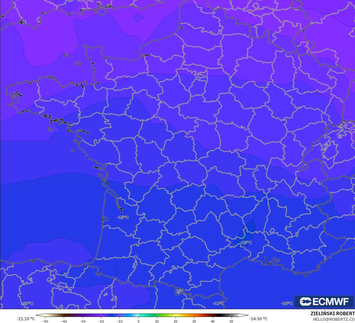 ECMWF IFS 0.25° model - France, Temperature at 500hPa