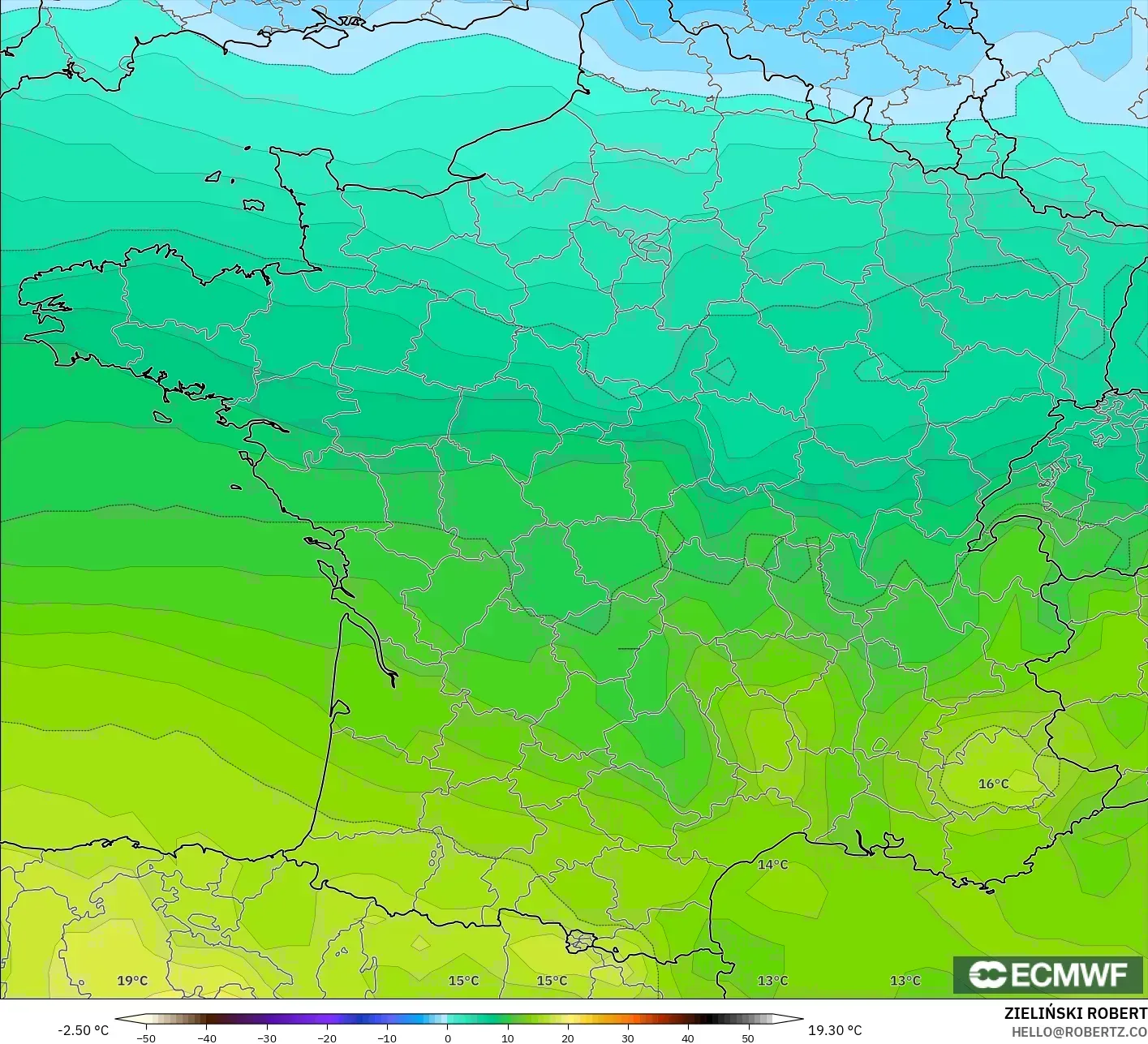 ECMWF IFS 0.25° model - France, Temperature at 850hPa