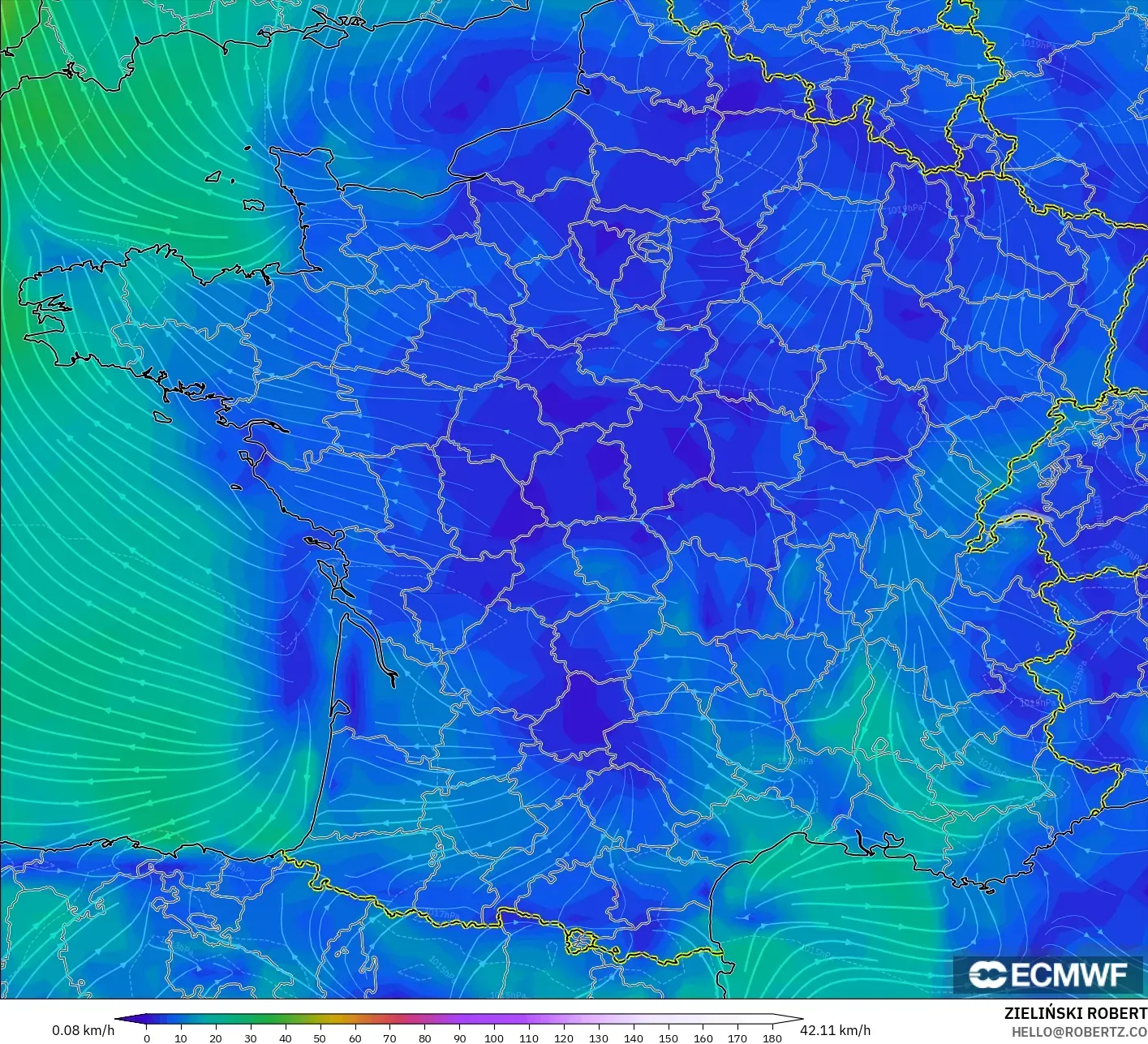 ECMWF IFS 0.25° model - France, Wind at 10m