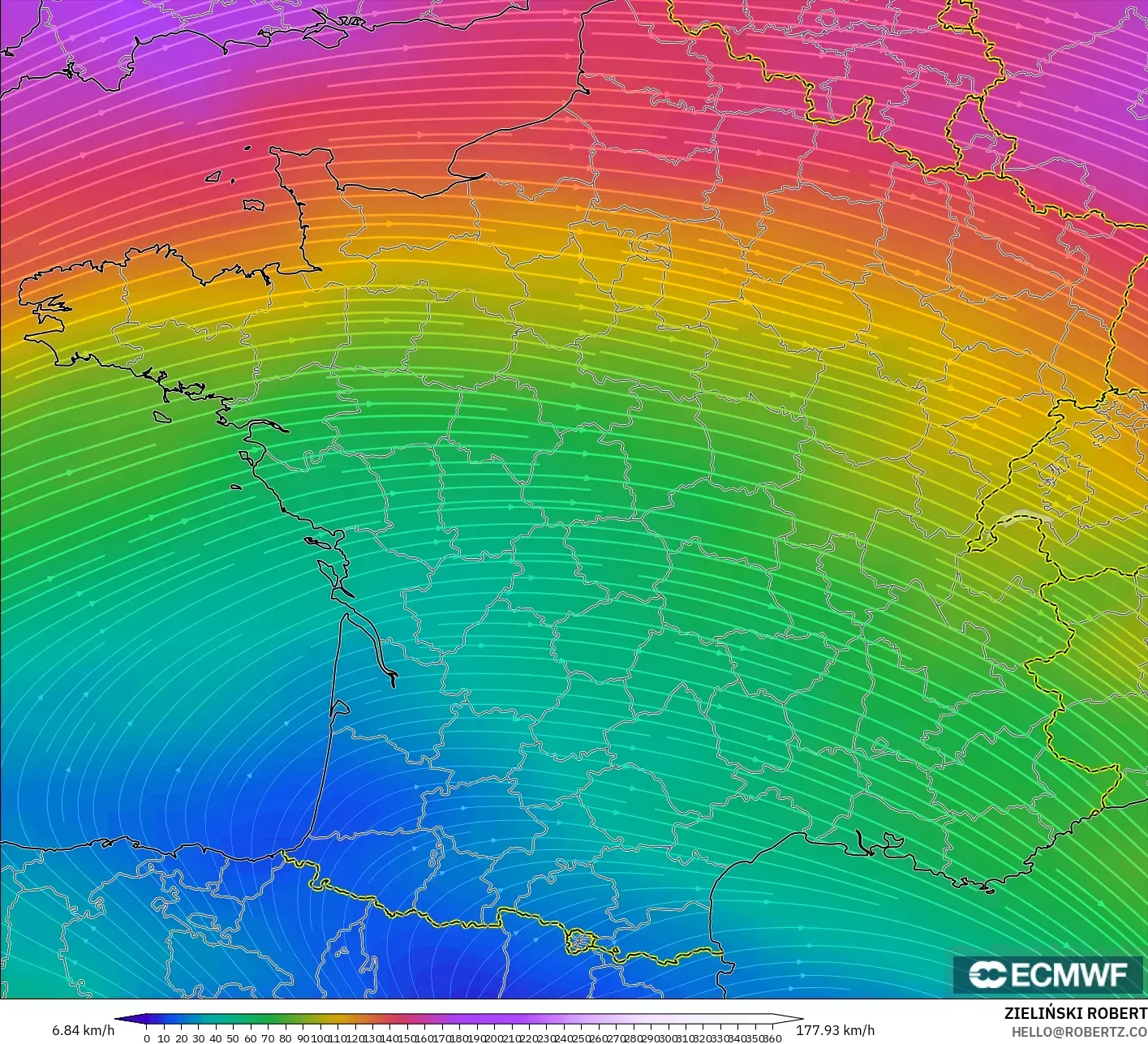ECMWF IFS 0.25° model - France, Wind at 300hPa (jet stream)