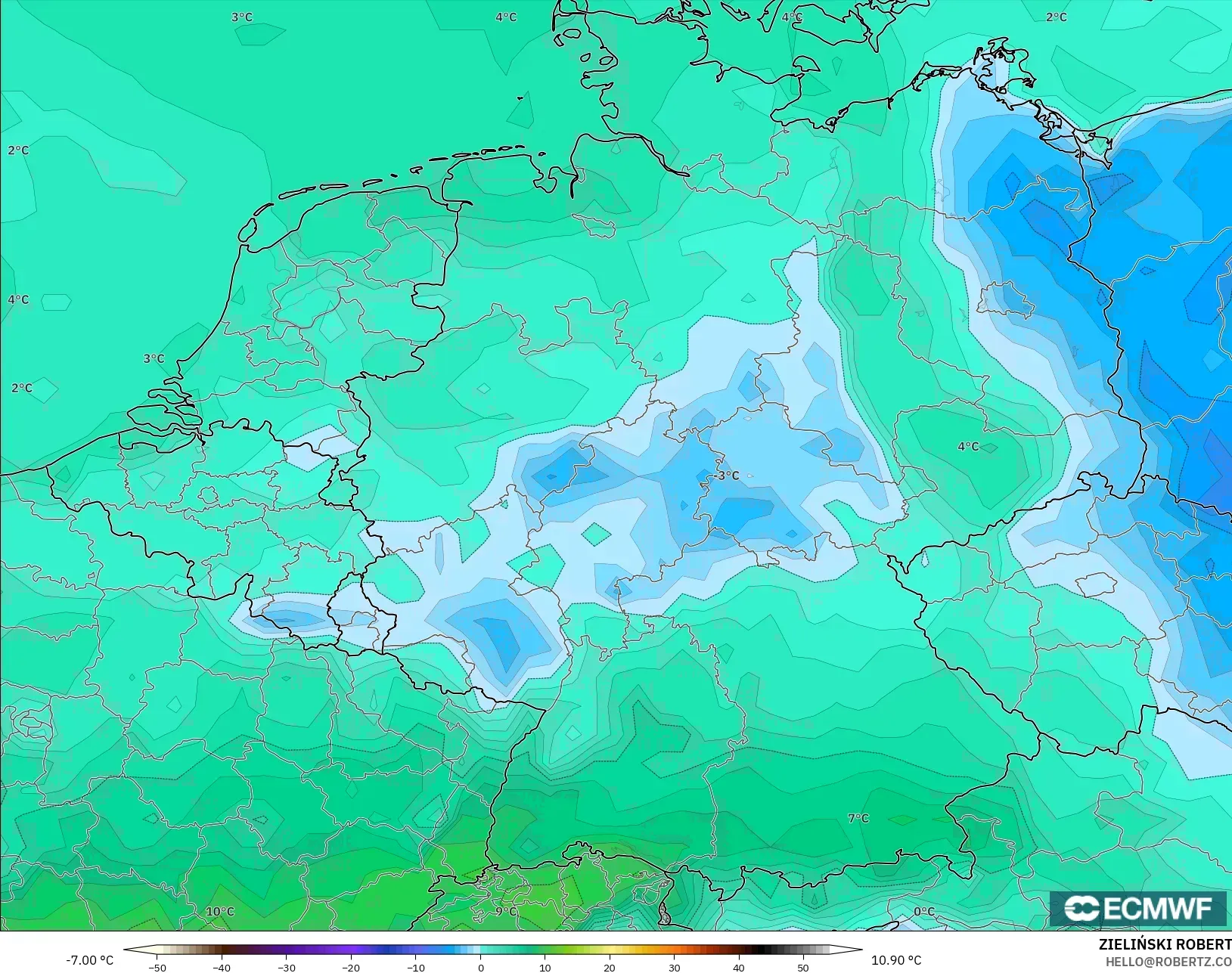 ECMWF IFS 0.25° model - Germany, Dewpoint at 2m