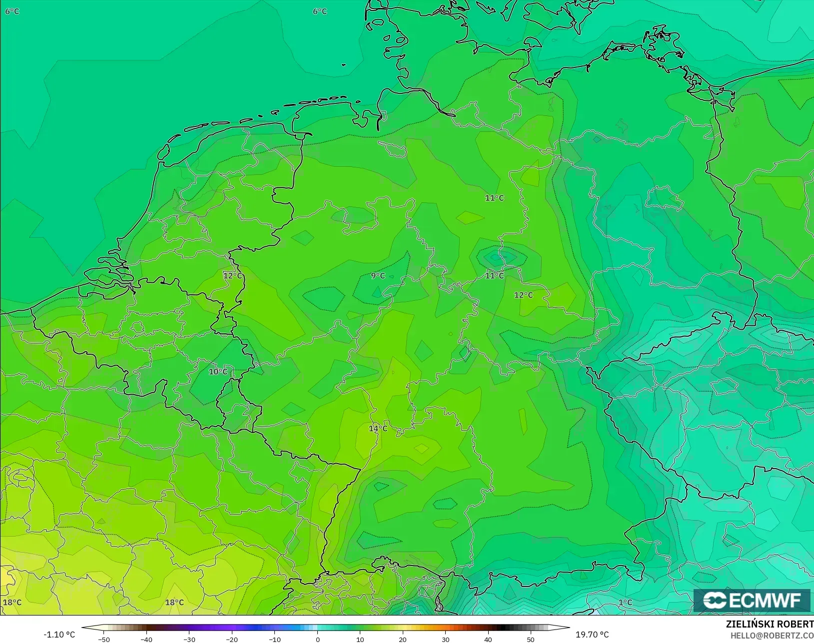 ECMWF IFS 0.25° model - Germany, Temperature at 2m