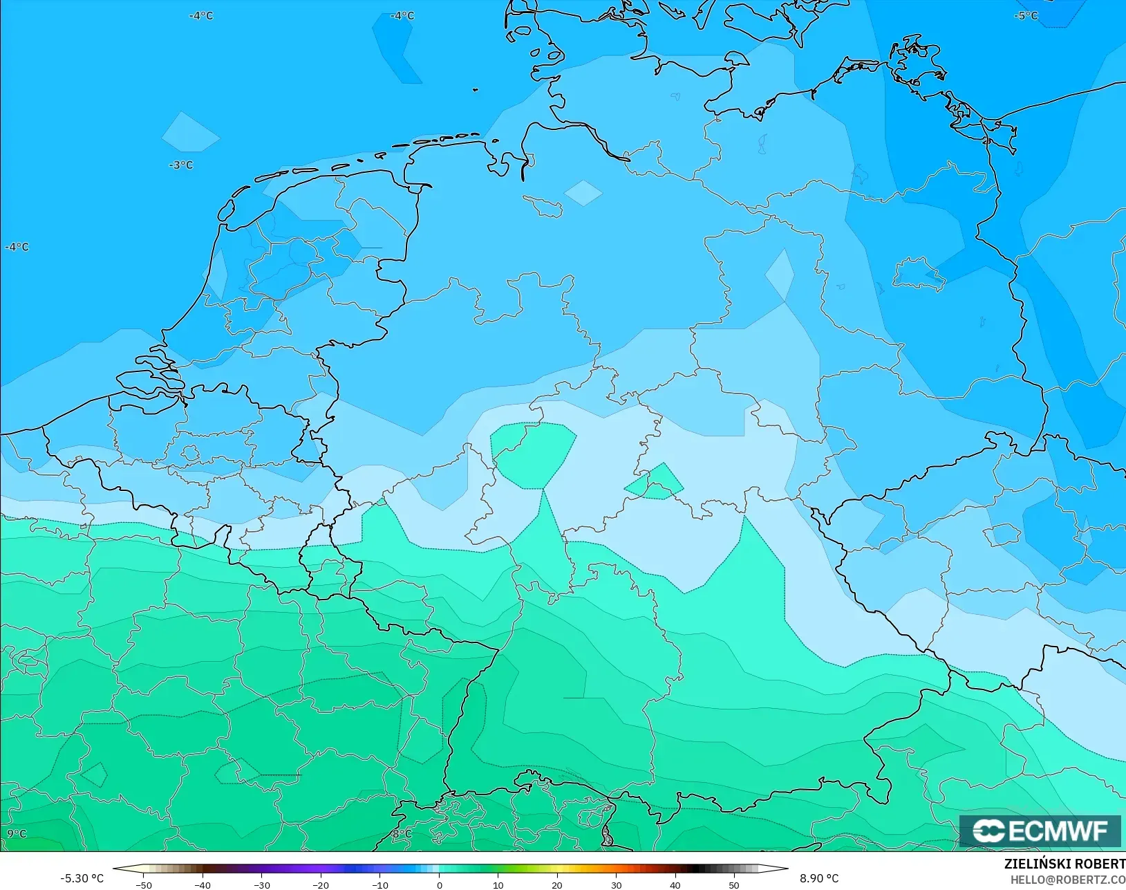 ECMWF IFS 0.25° model - Germany, Temperature at 850hPa