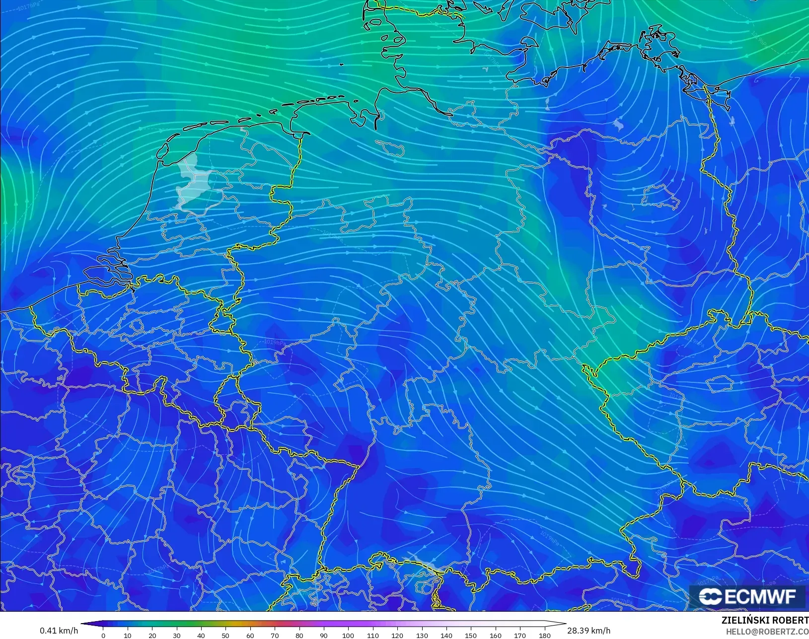 ECMWF IFS 0.25° model - Germany, Wind at 10m