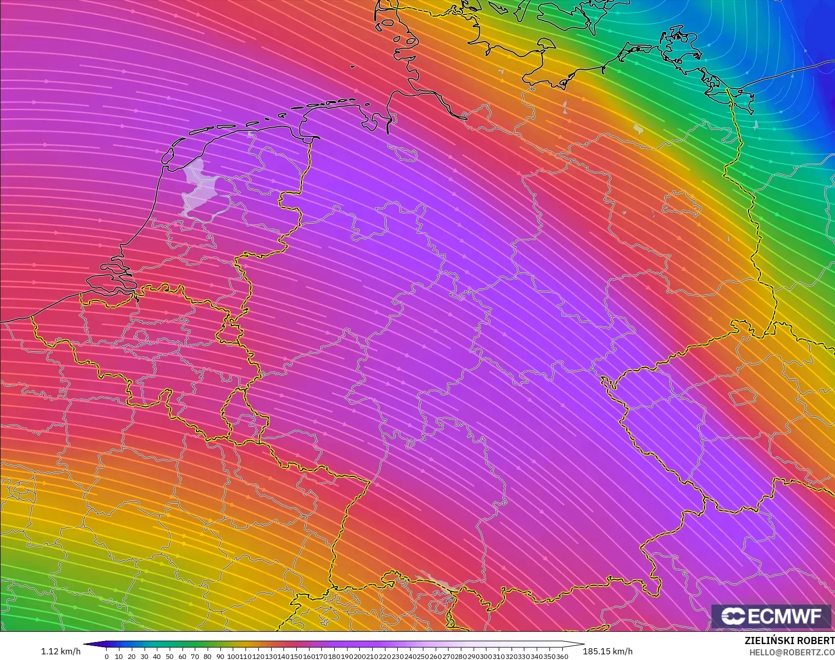 ECMWF IFS 0.25° model - Germany, Wind at 300hPa (jet stream)