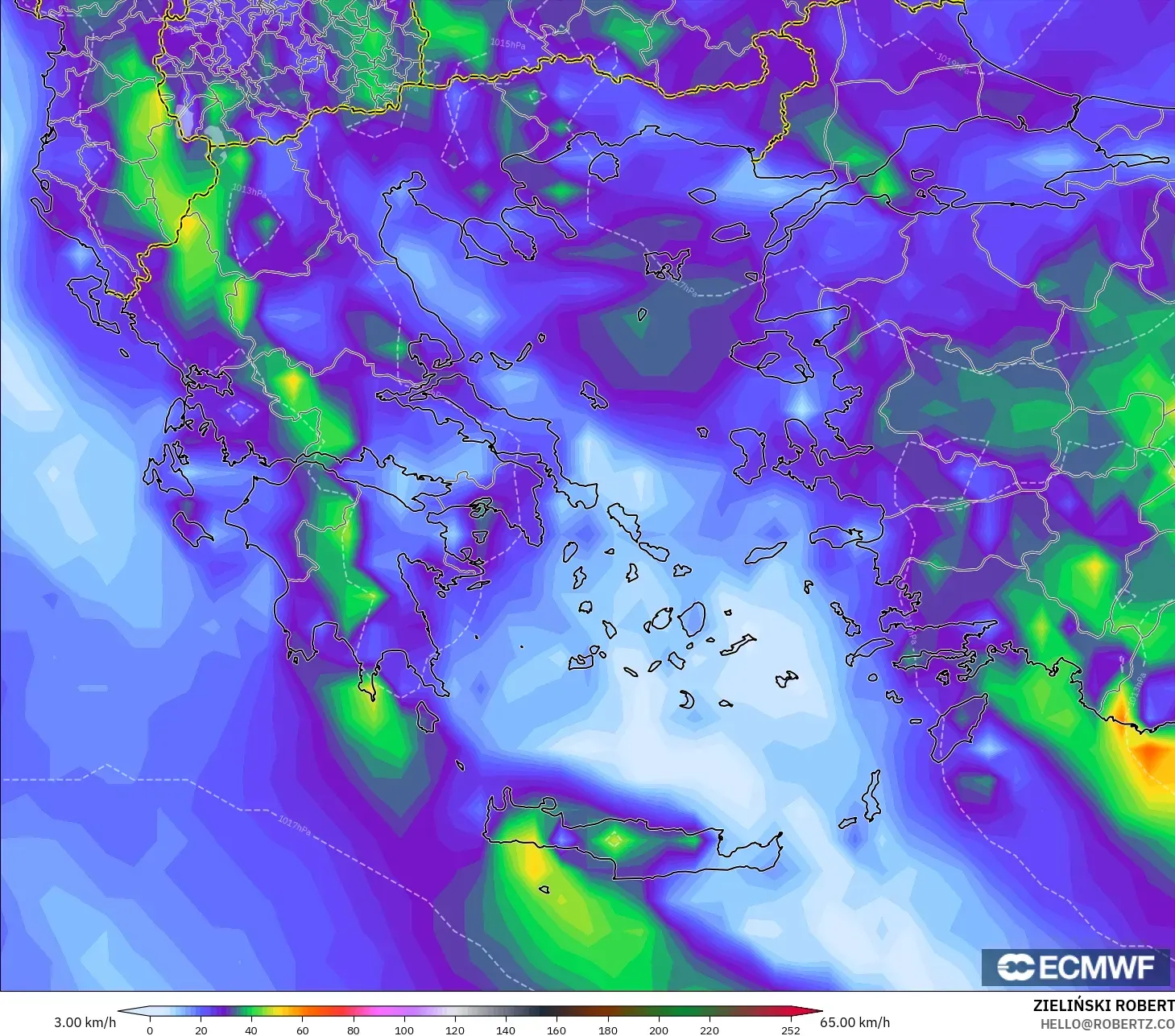 ECMWF IFS 0.25° model - Greece, Wind Gusts