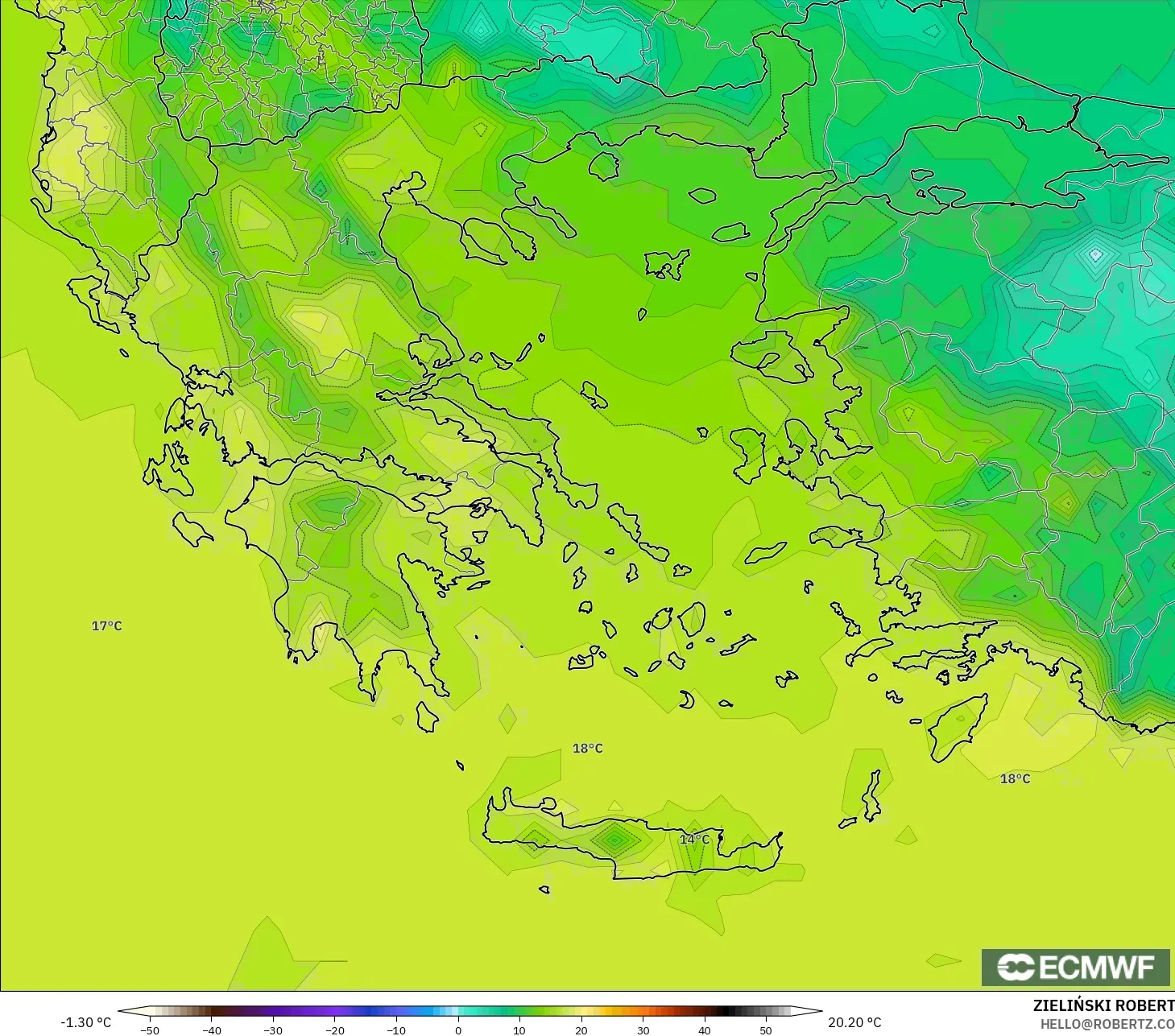 ECMWF IFS 0.25° model - Greece, Temperature at 2m