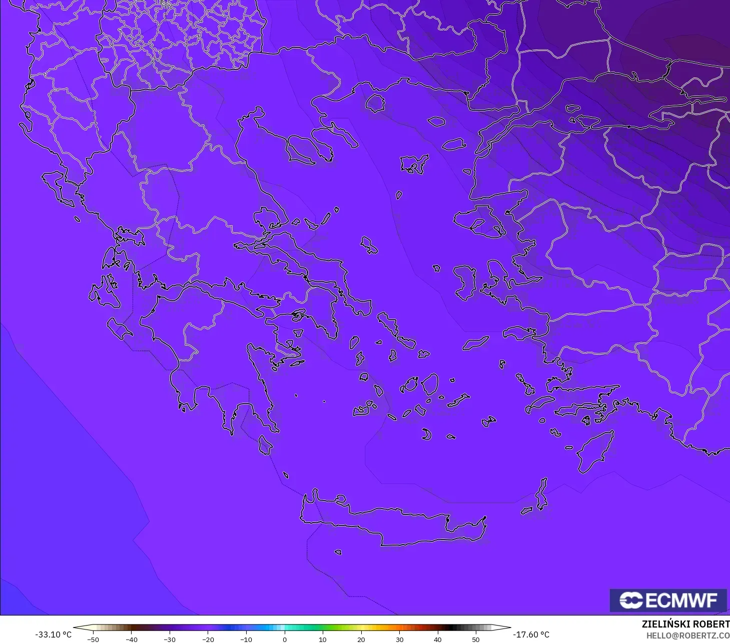 ECMWF IFS 0.25° model - Greece, Temperature at 500hPa