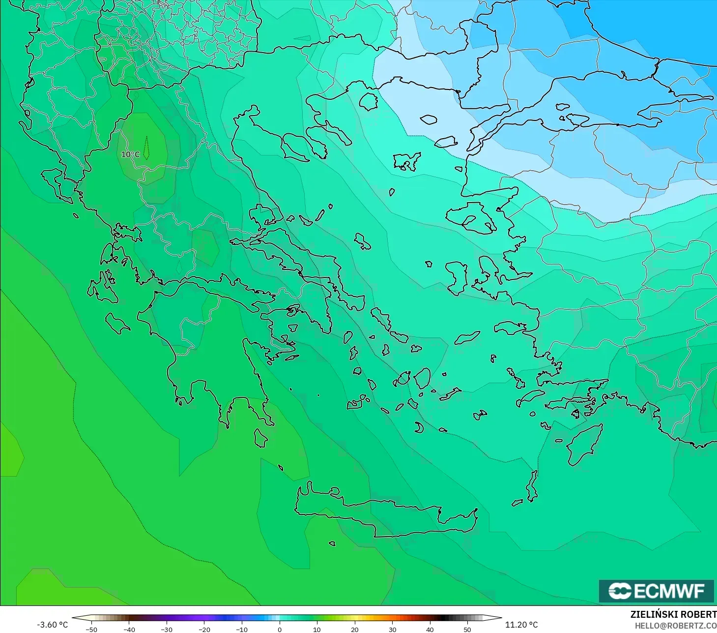 ECMWF IFS 0.25° model - Greece, Temperature at 850hPa