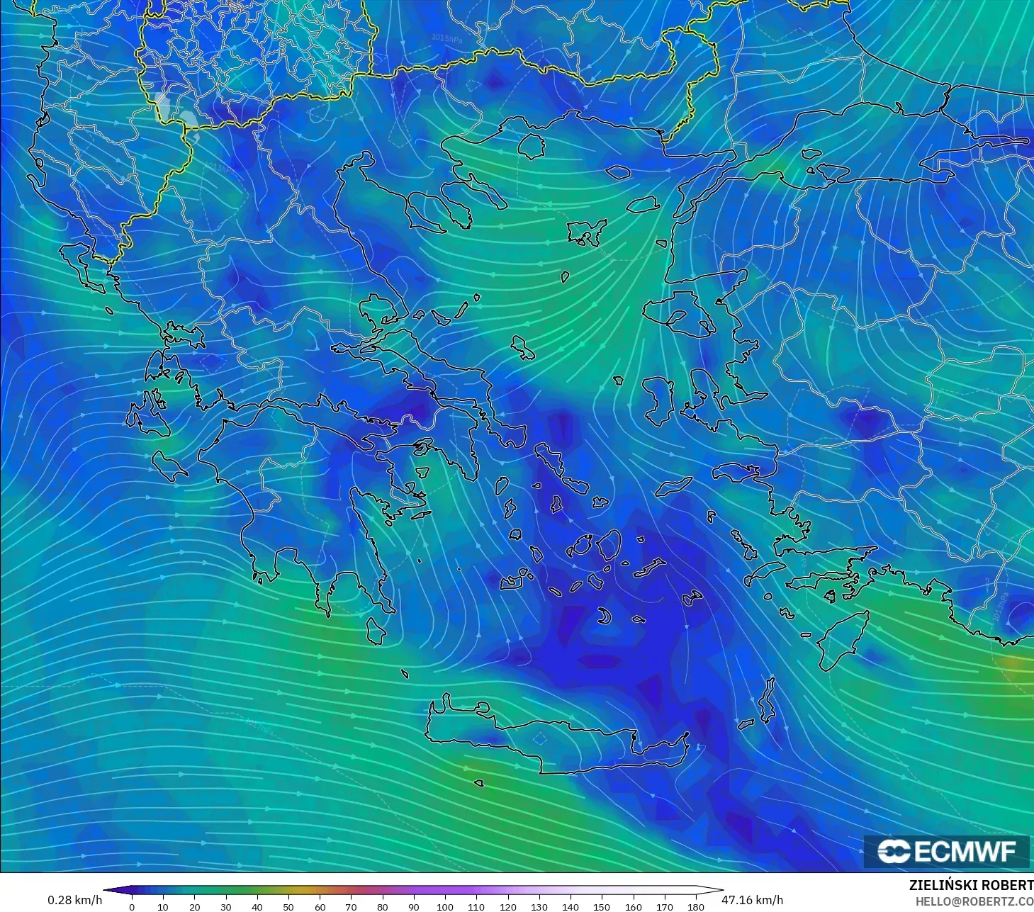 ECMWF IFS 0.25° model - Greece, Wind at 10m
