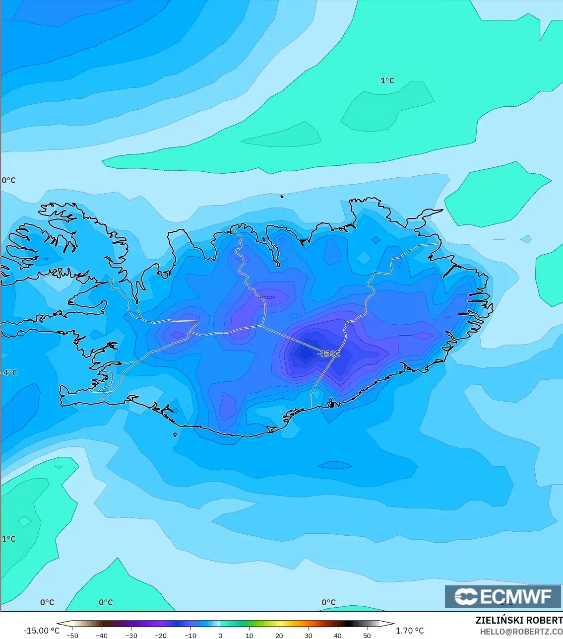 ECMWF IFS 0.25° model - Iceland, Dewpoint at 2m