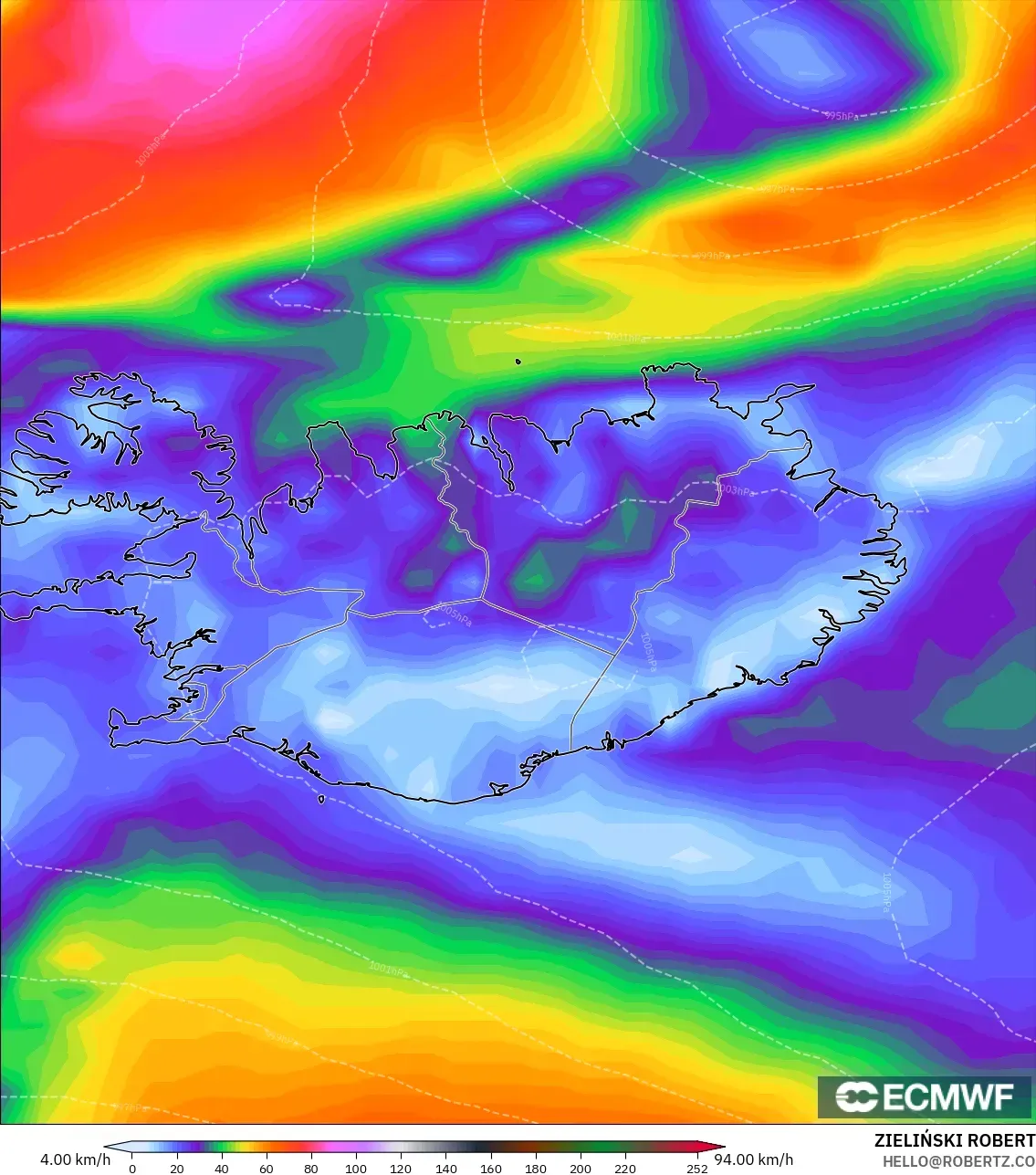 ECMWF IFS 0.25° model - Iceland, Wind Gusts