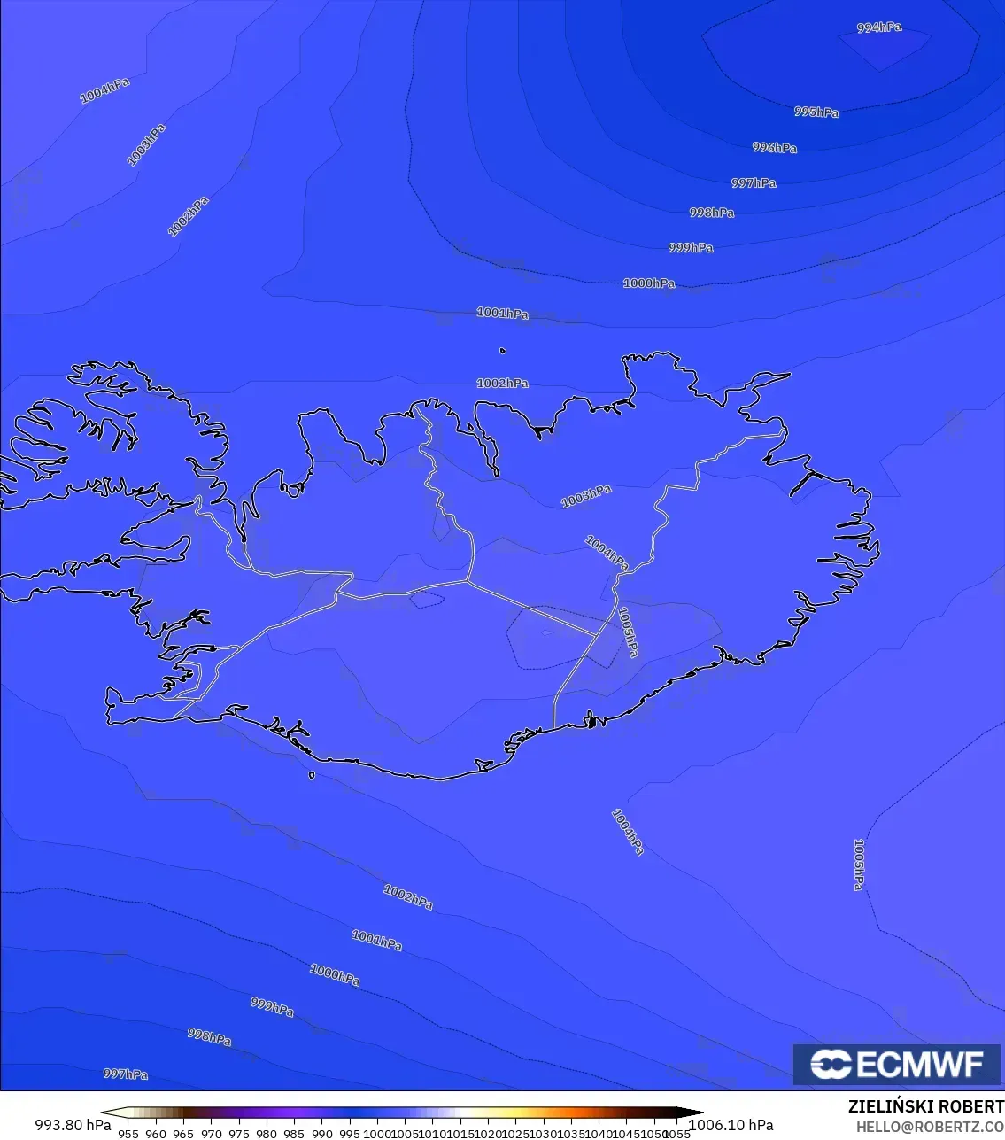 ECMWF IFS 0.25° model - Iceland, Pressure