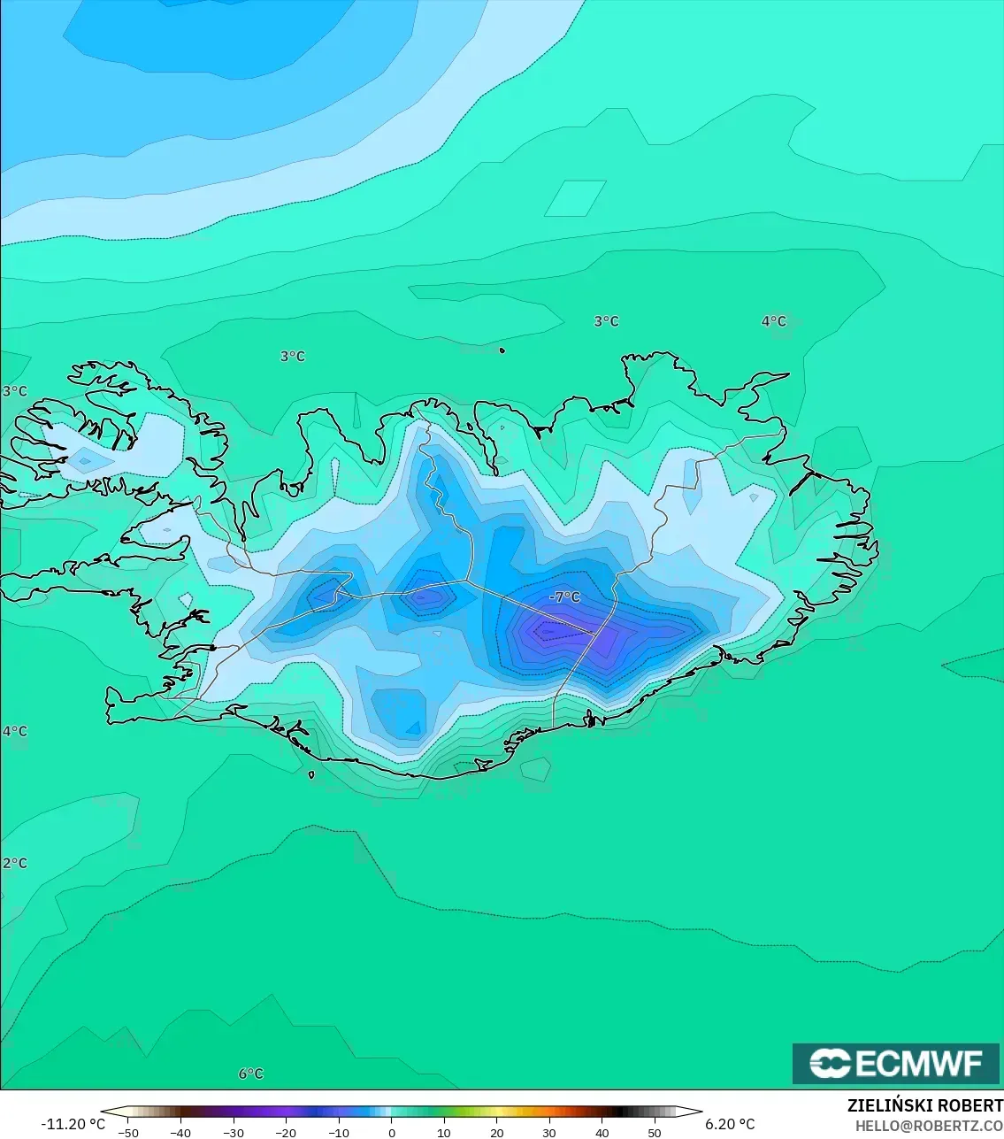ECMWF IFS 0.25° model - Iceland, Temperature at 2m
