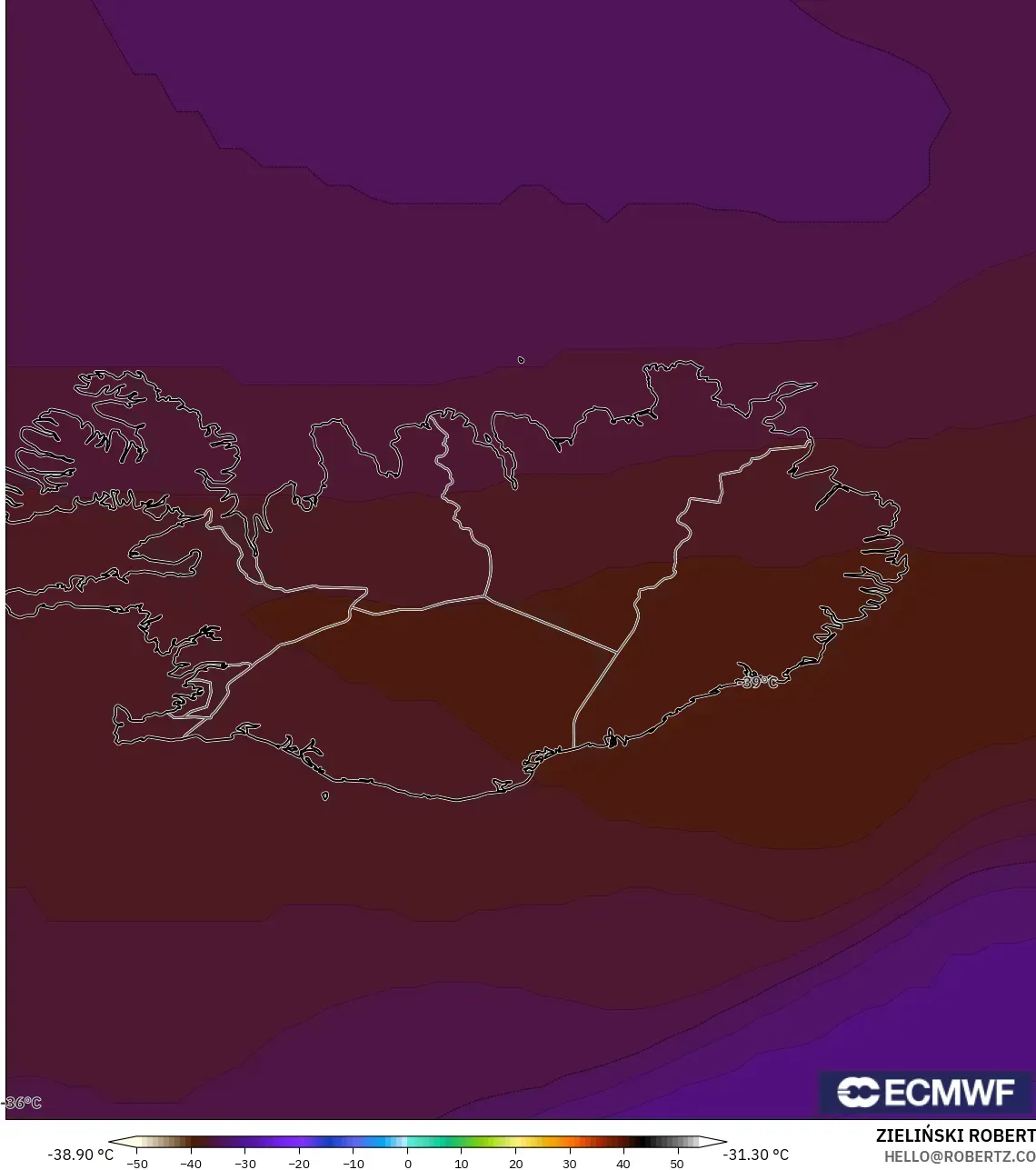 ECMWF IFS 0.25° model - Iceland, Temperature at 500hPa