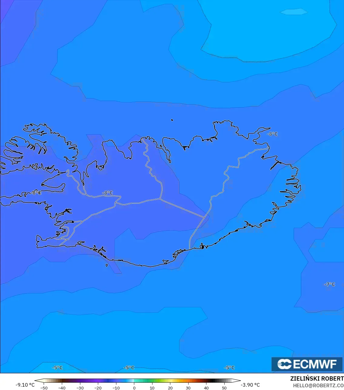 ECMWF IFS 0.25° model - Iceland, Temperature at 850hPa