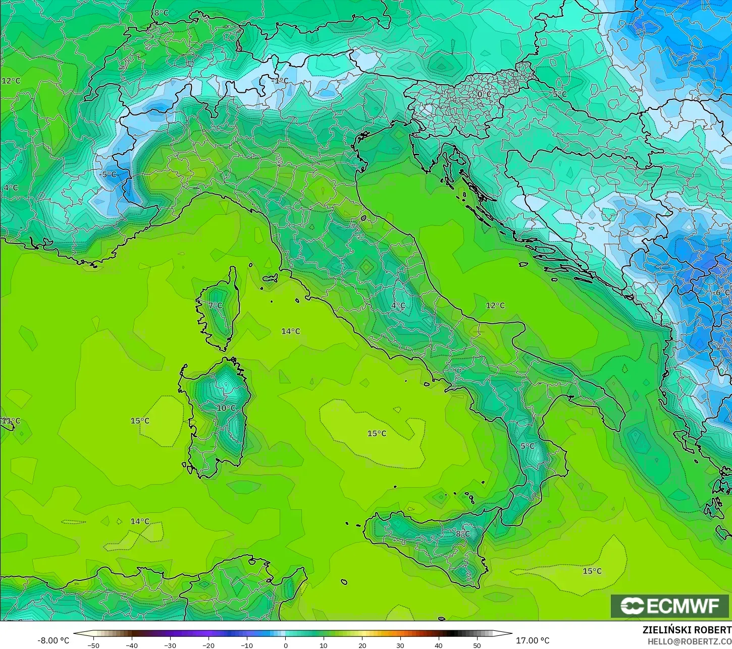 ECMWF IFS 0.25° model - Italy, Dewpoint at 2m