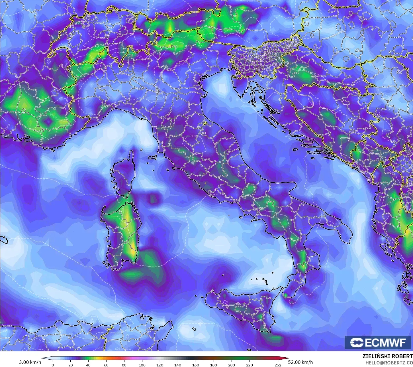 ECMWF IFS 0.25° model - Italy, Wind Gusts