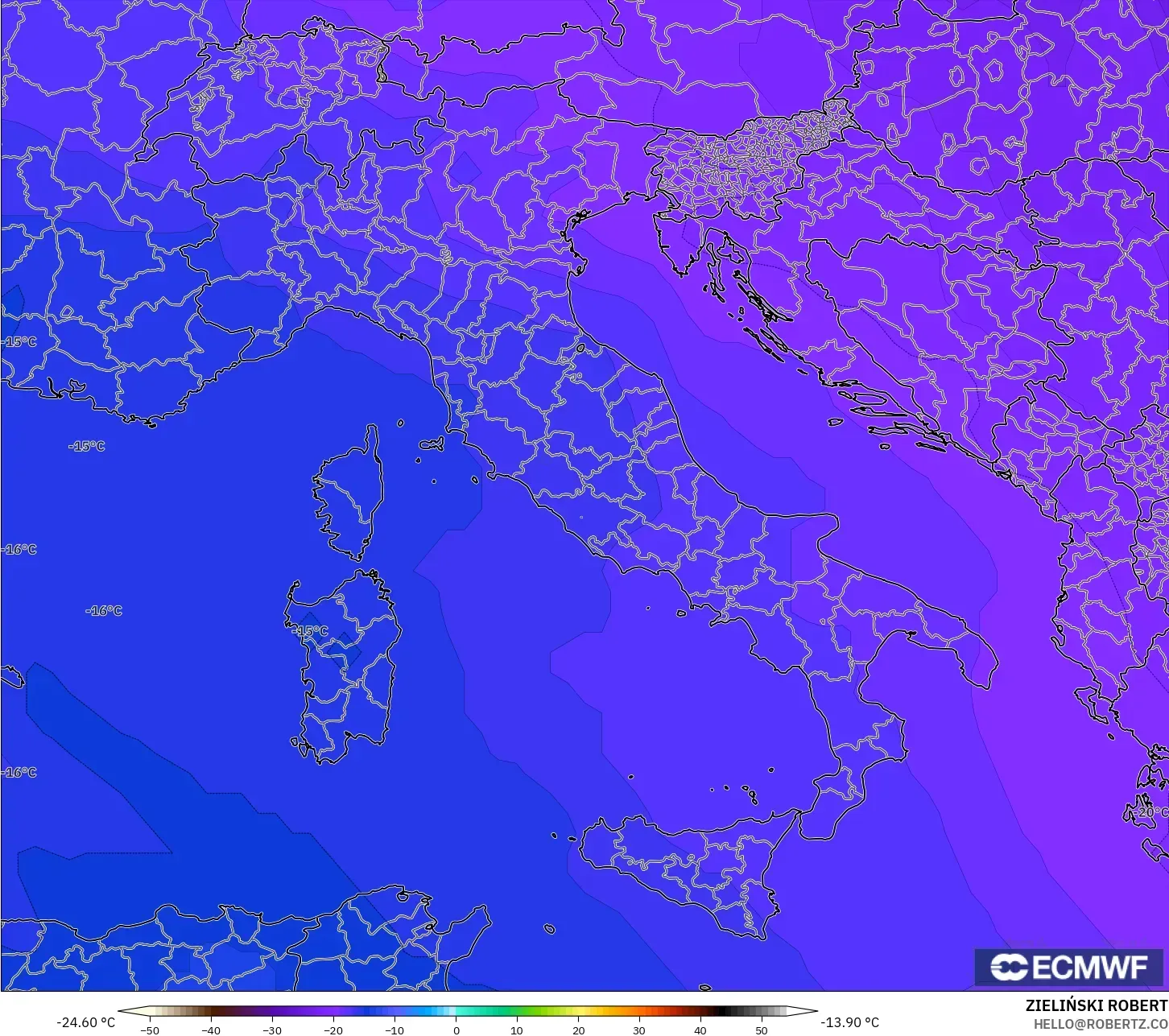 ECMWF IFS 0.25° model - Italy, Temperature at 500hPa
