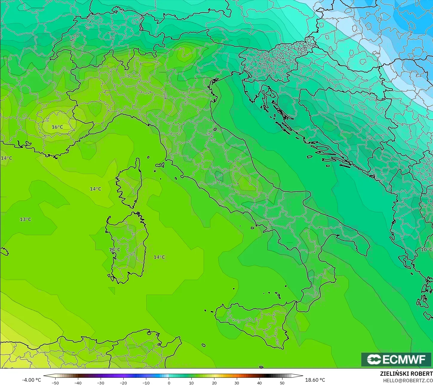 ECMWF IFS 0.25° model - Italy, Temperature at 850hPa