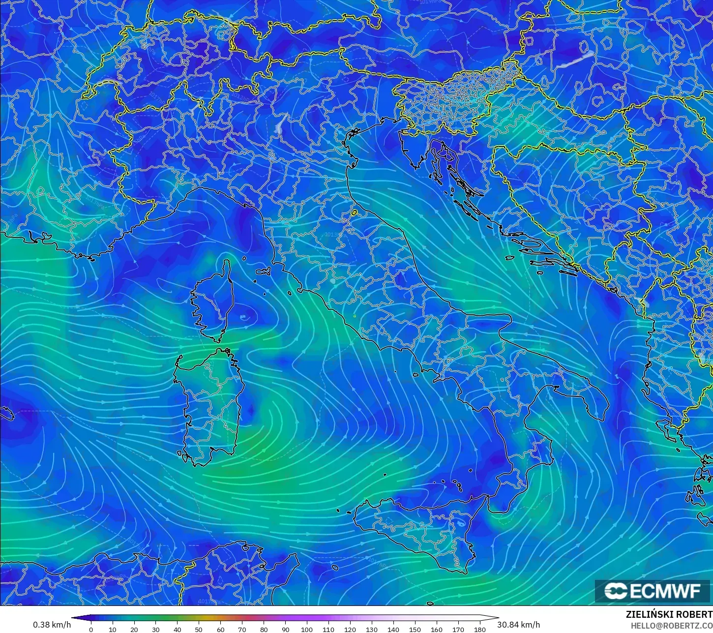 ECMWF IFS 0.25° model - Italy, Wind at 10m