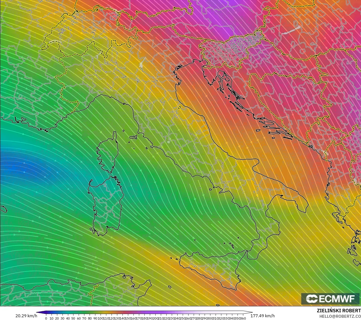 ECMWF IFS 0.25° model - Italy, Wind at 300hPa (jet stream)