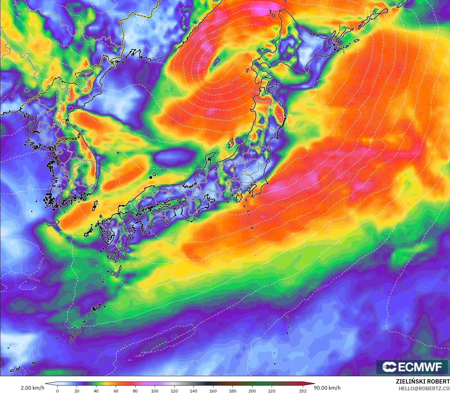 ECMWF IFS 0.25° model - Japan, Wind Gusts